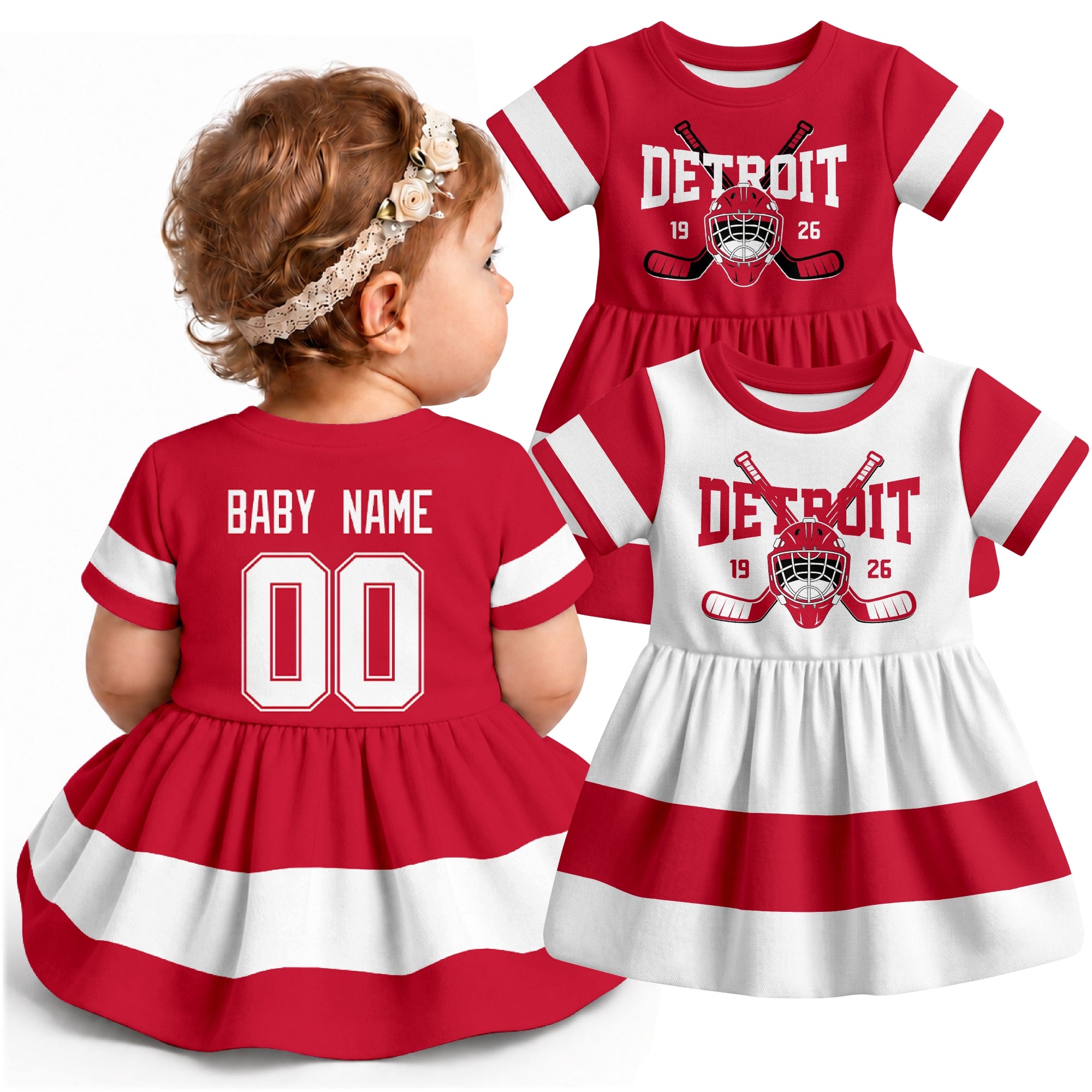 Personalized Detroit hockey baby bodysuit dress shown on baby with Red and White city-color styles