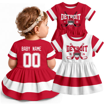 Personalized Detroit hockey baby bodysuit dress shown on baby with Red and White city-color styles