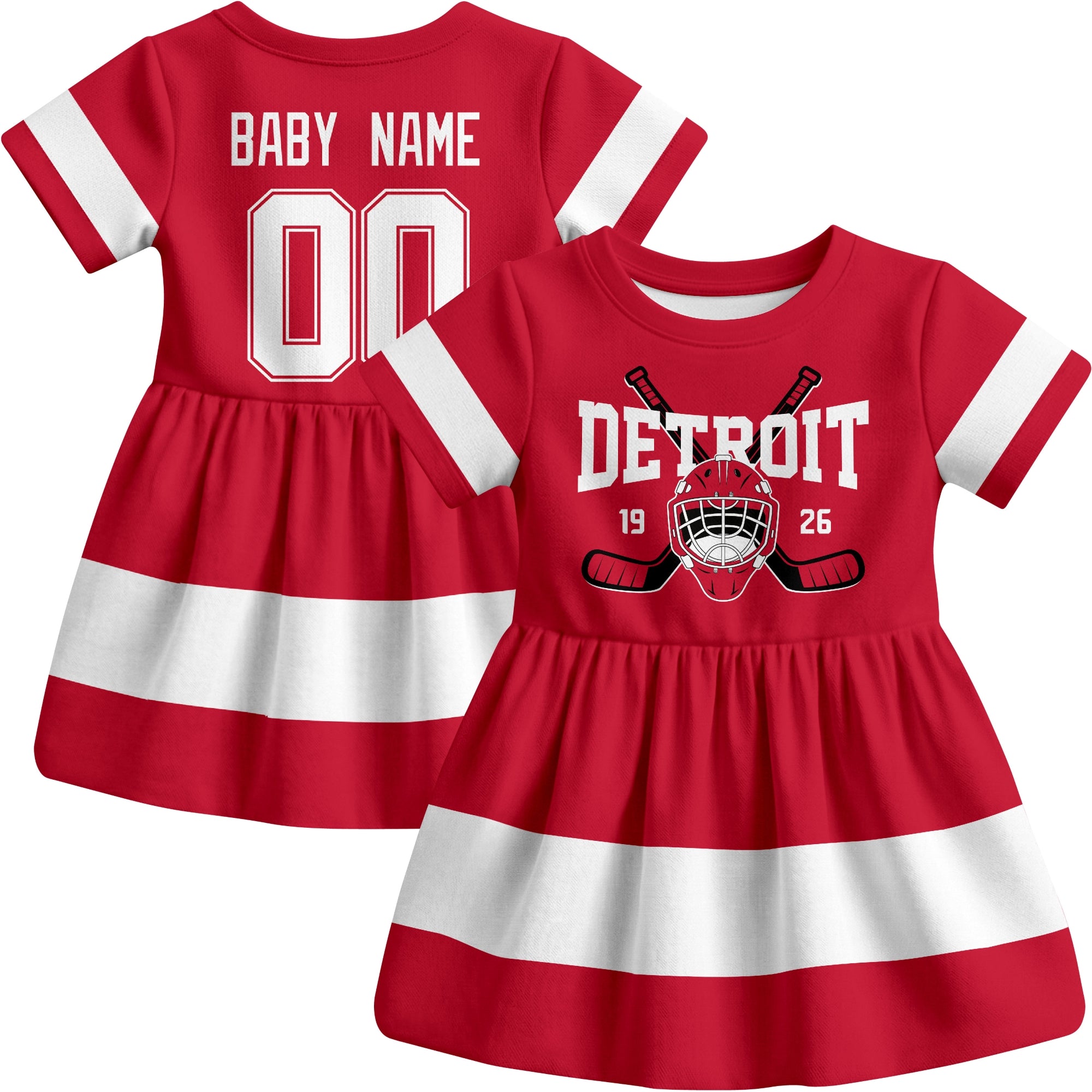 Detroit hockey baby bodysuit dress Red style front and back view