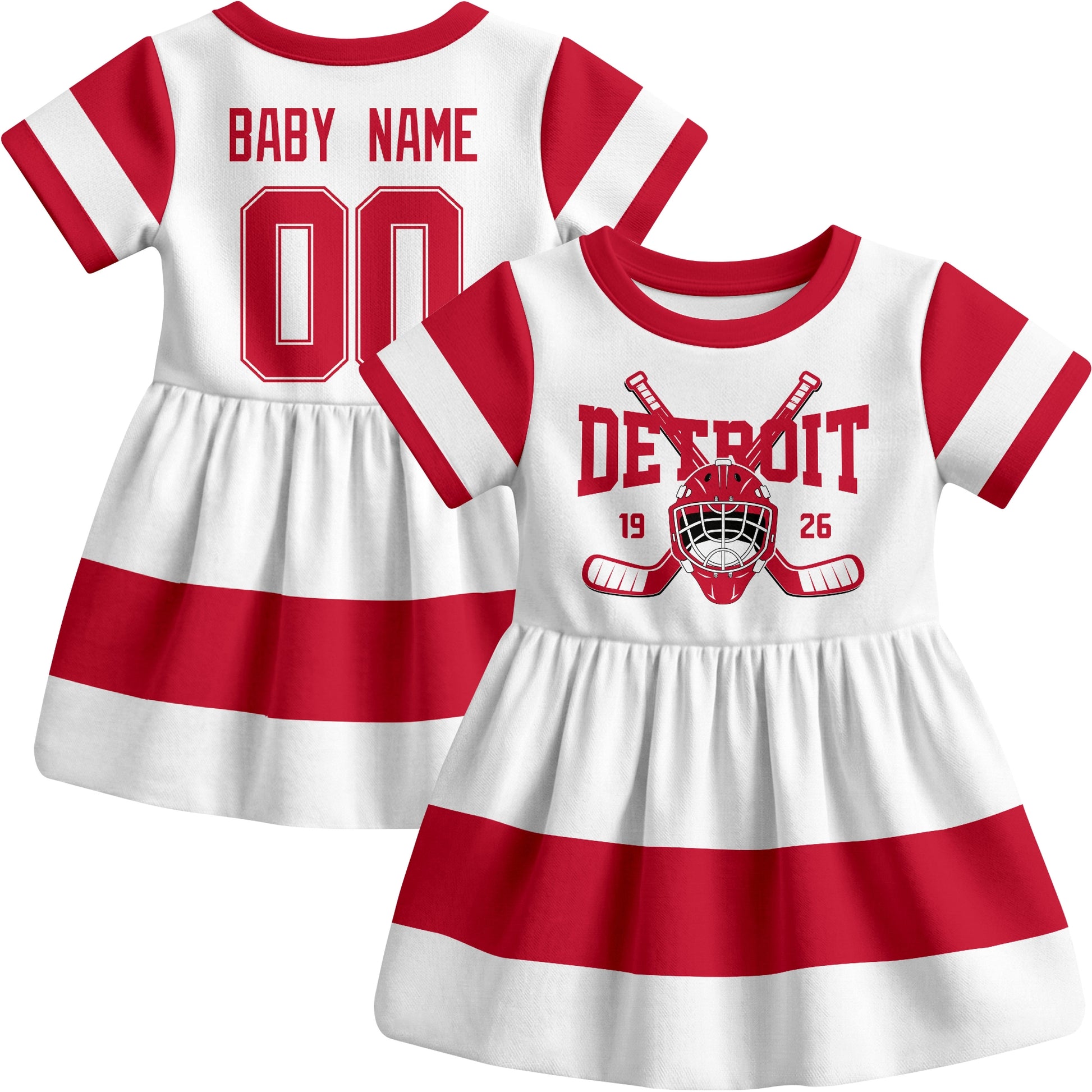 Detroit hockey baby bodysuit dress White style front and back view