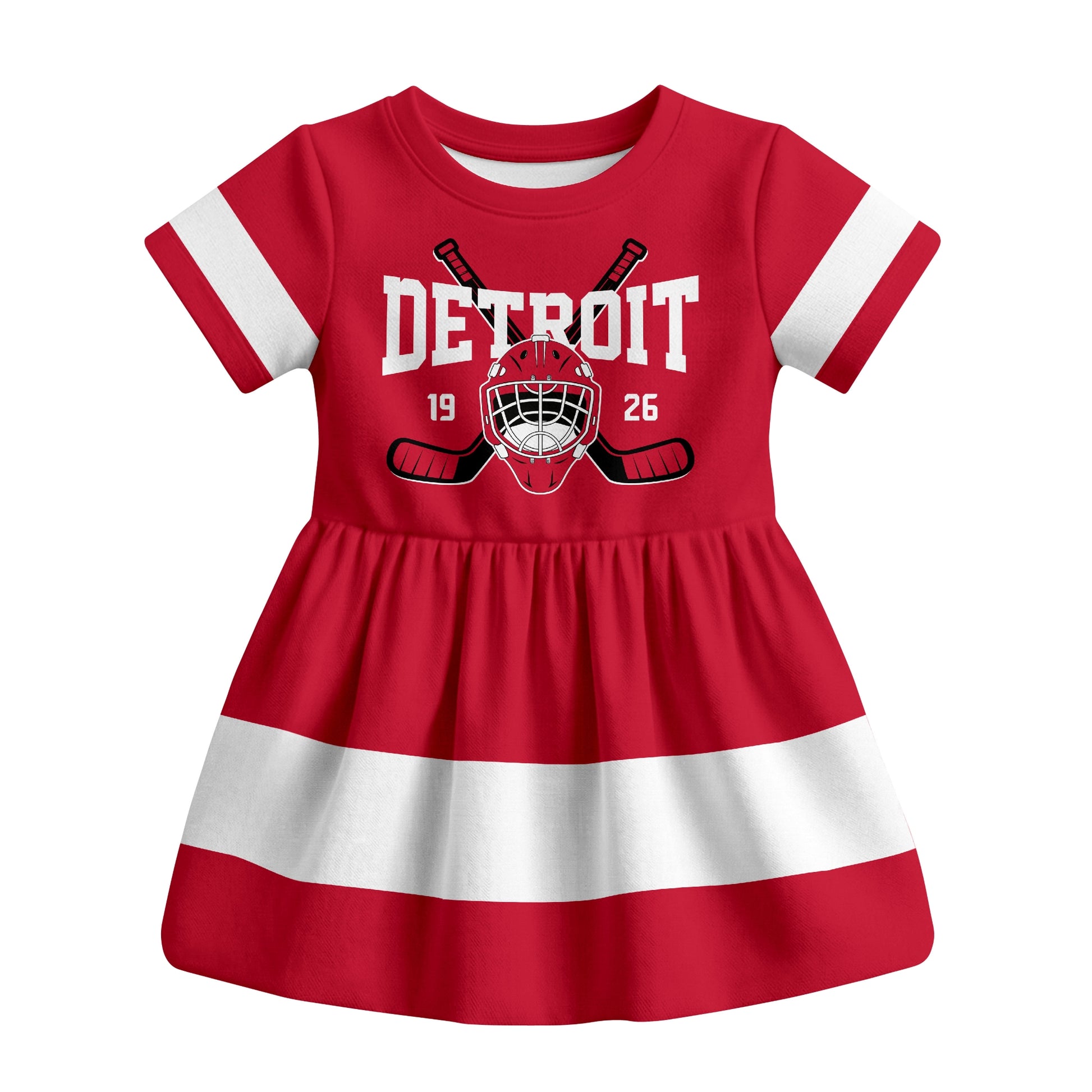 Red Detroit hockey baby bodysuit dress front view