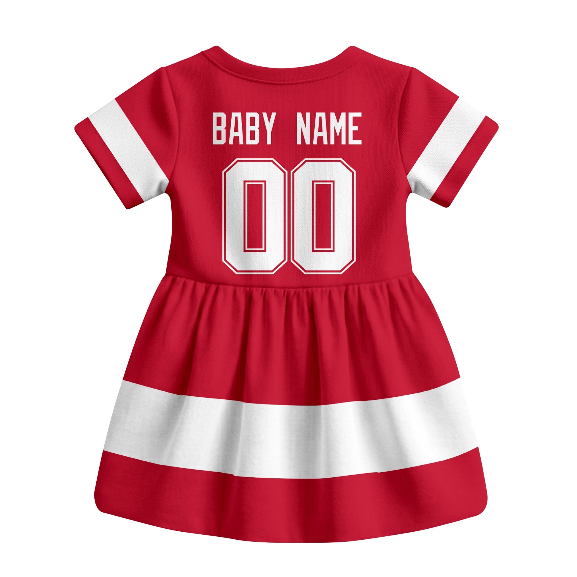 Red Detroit hockey baby bodysuit dress back view with custom baby name and number