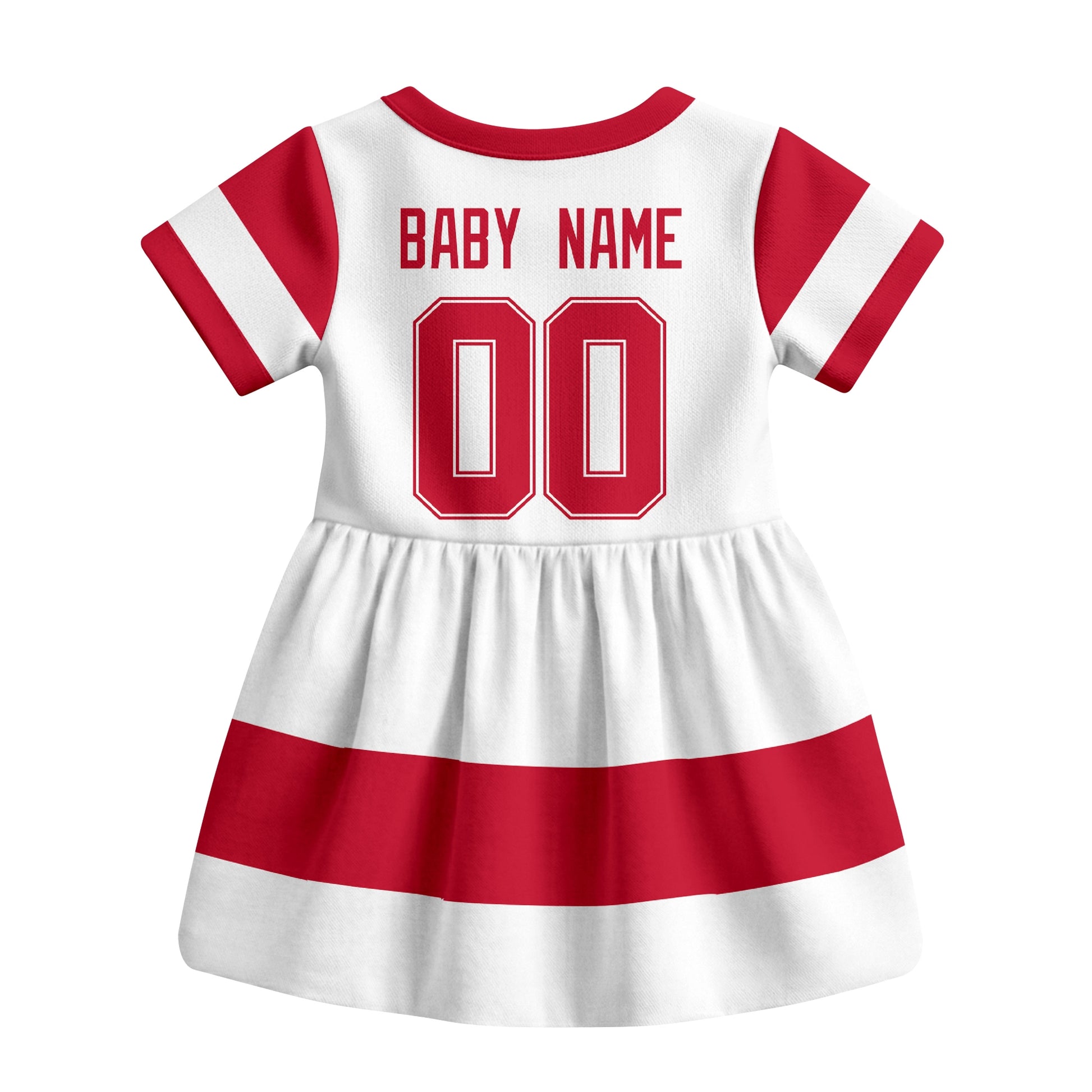 White Detroit hockey baby bodysuit dress back view with custom baby name and number