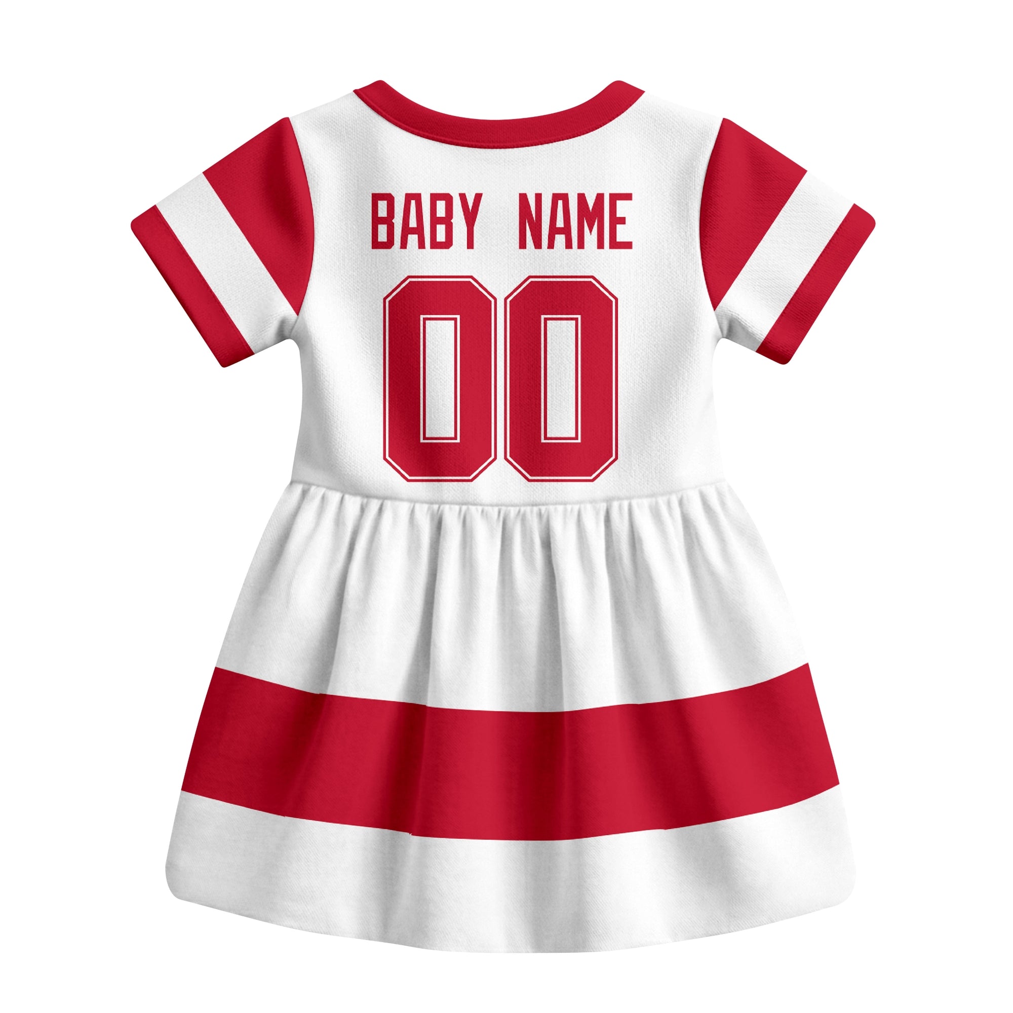 White Detroit hockey baby bodysuit dress back view with custom baby name and number