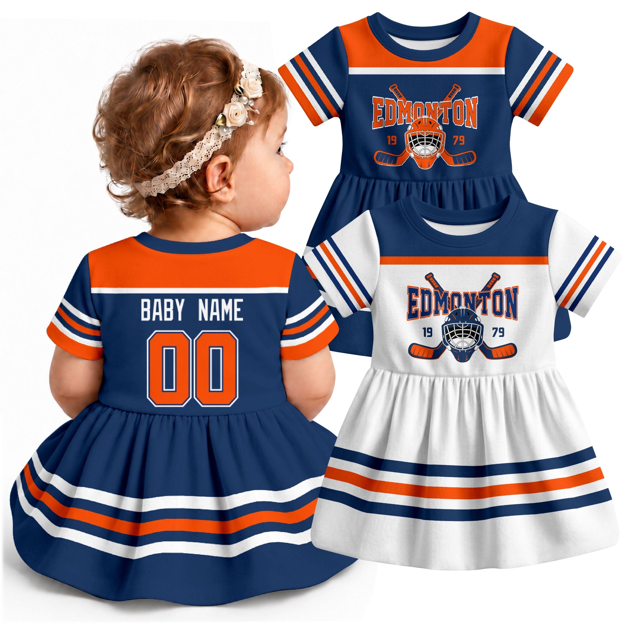 Personalized Edmonton hockey baby bodysuit dress shown on baby with Royal and White city-color styles