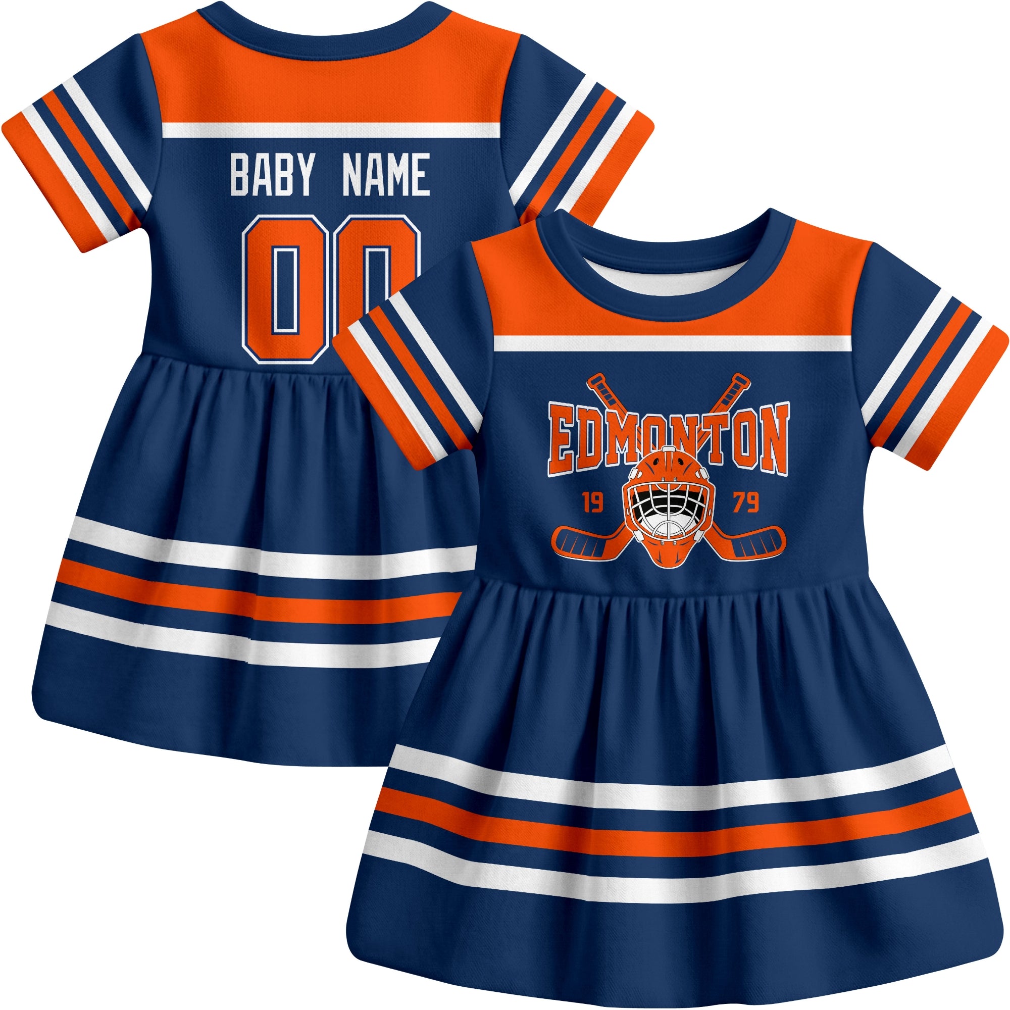 Edmonton hockey baby bodysuit dress Royal style front and back view