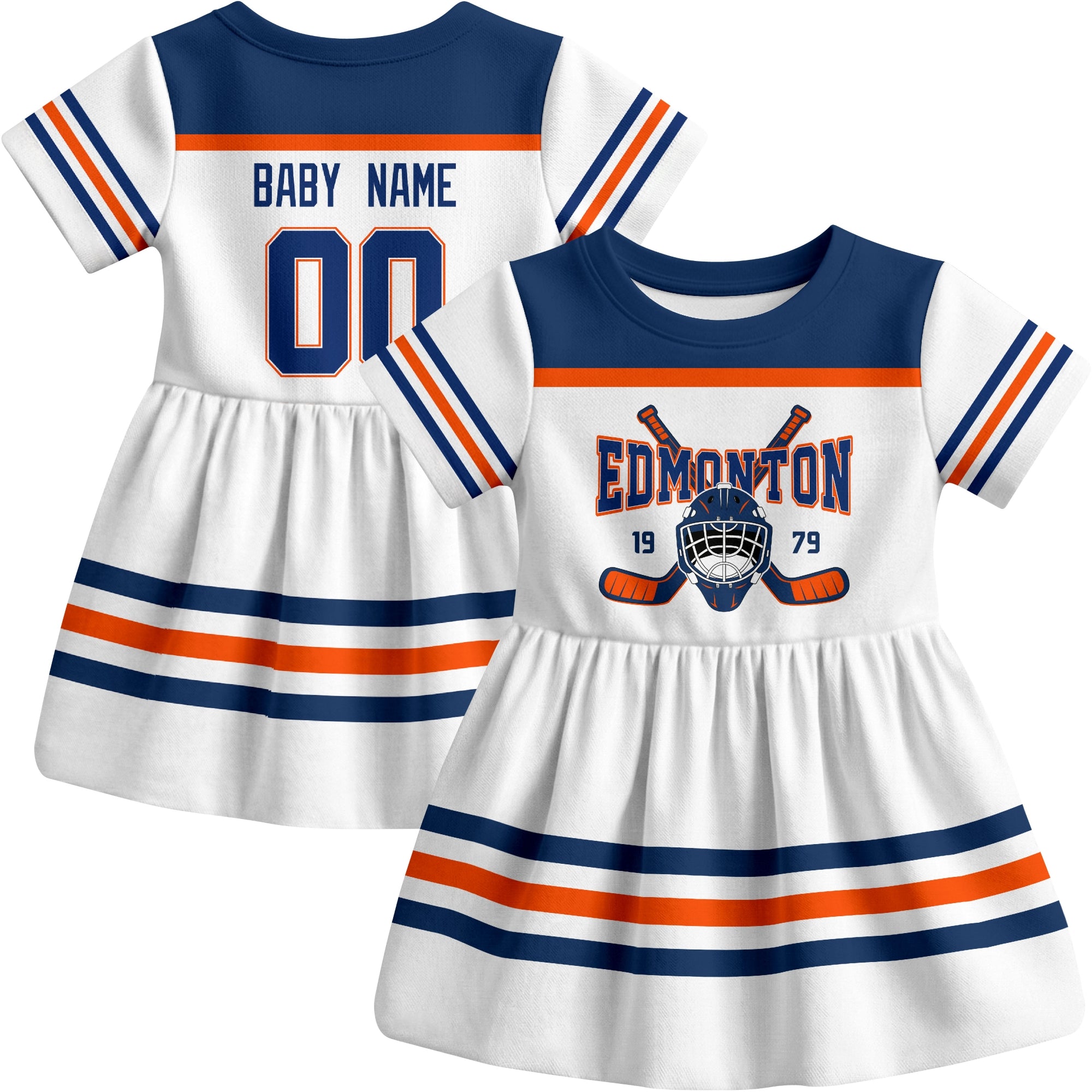 Edmonton hockey baby bodysuit dress White style front and back view