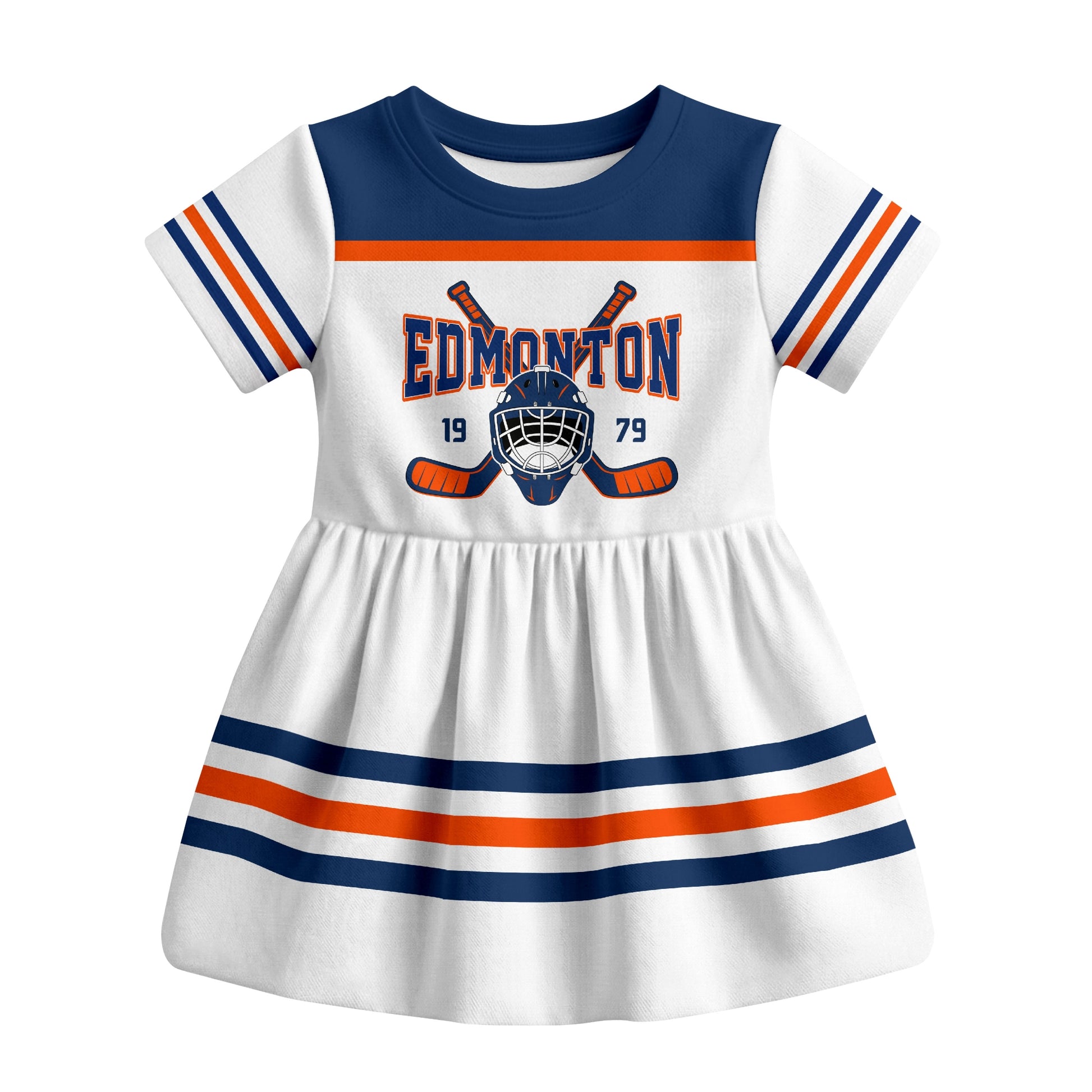 White Edmonton hockey baby bodysuit dress front view