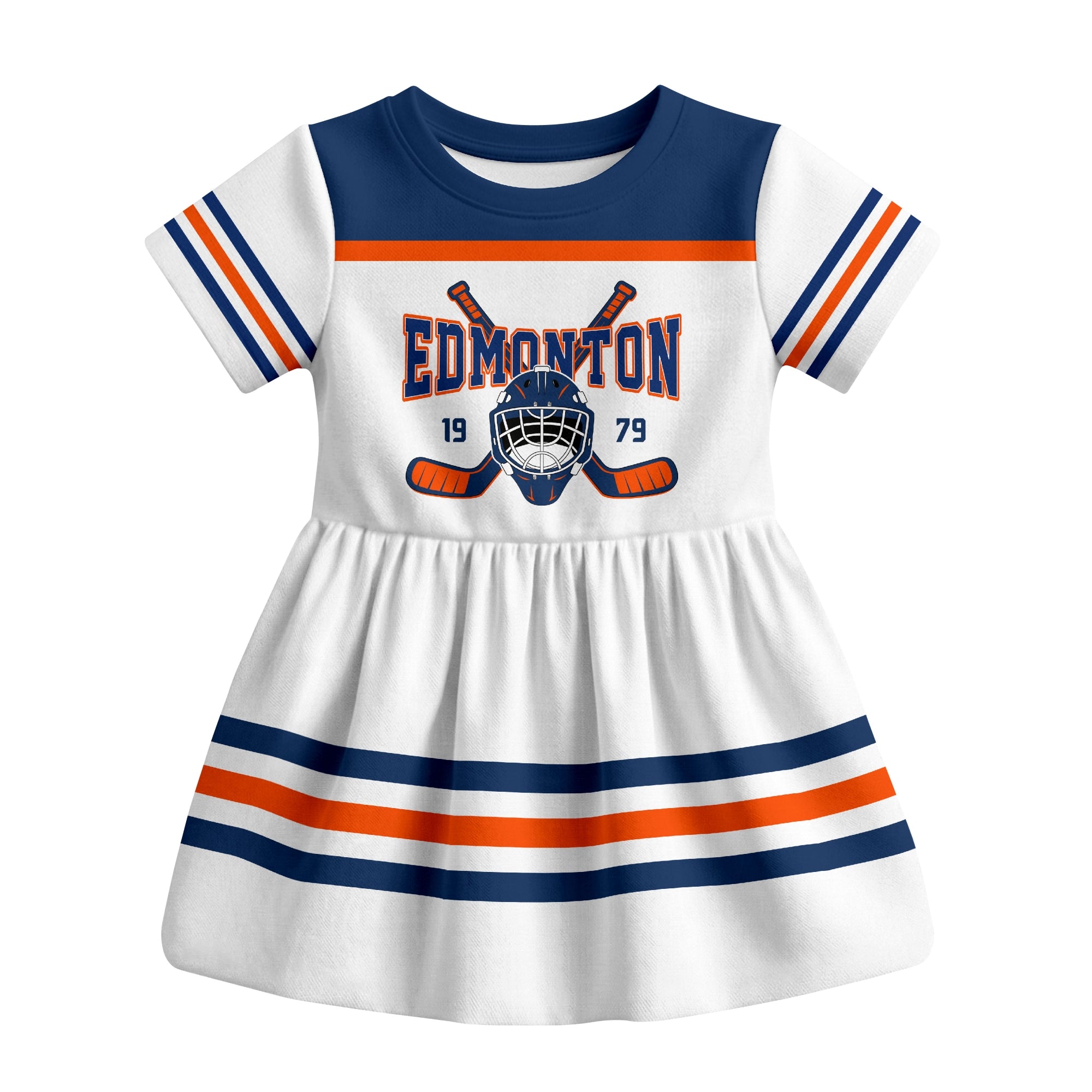 White Edmonton hockey baby bodysuit dress front view