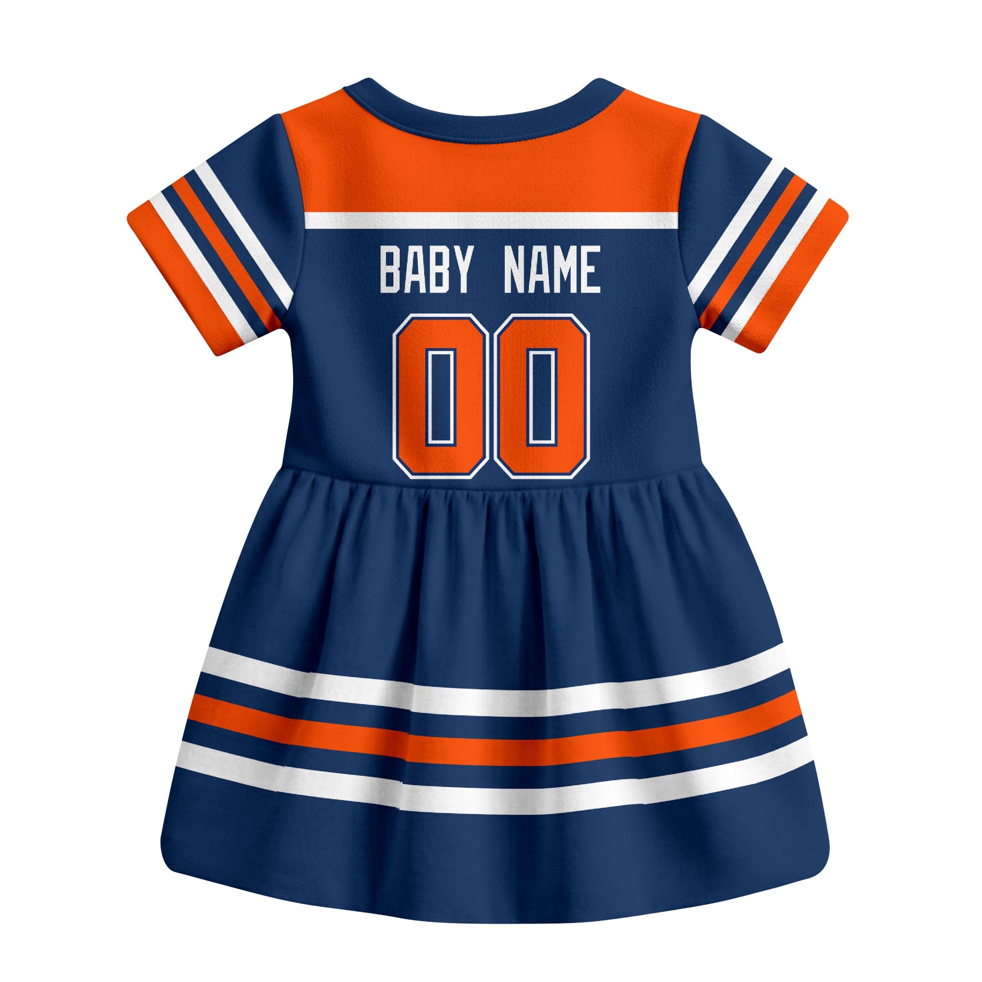 Royal Edmonton hockey baby bodysuit dress back view with custom baby name and number