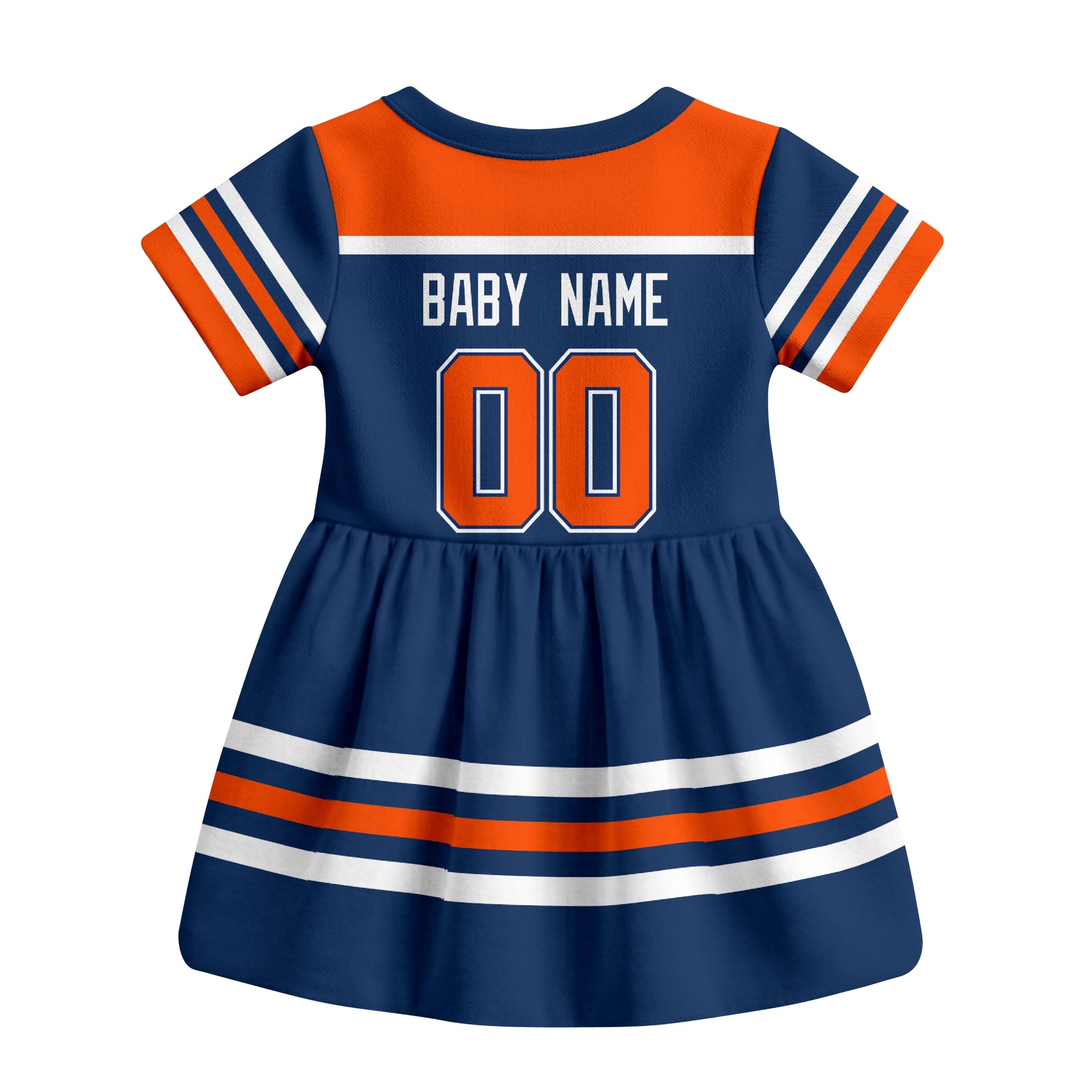 Royal Edmonton hockey baby bodysuit dress back view with custom baby name and number