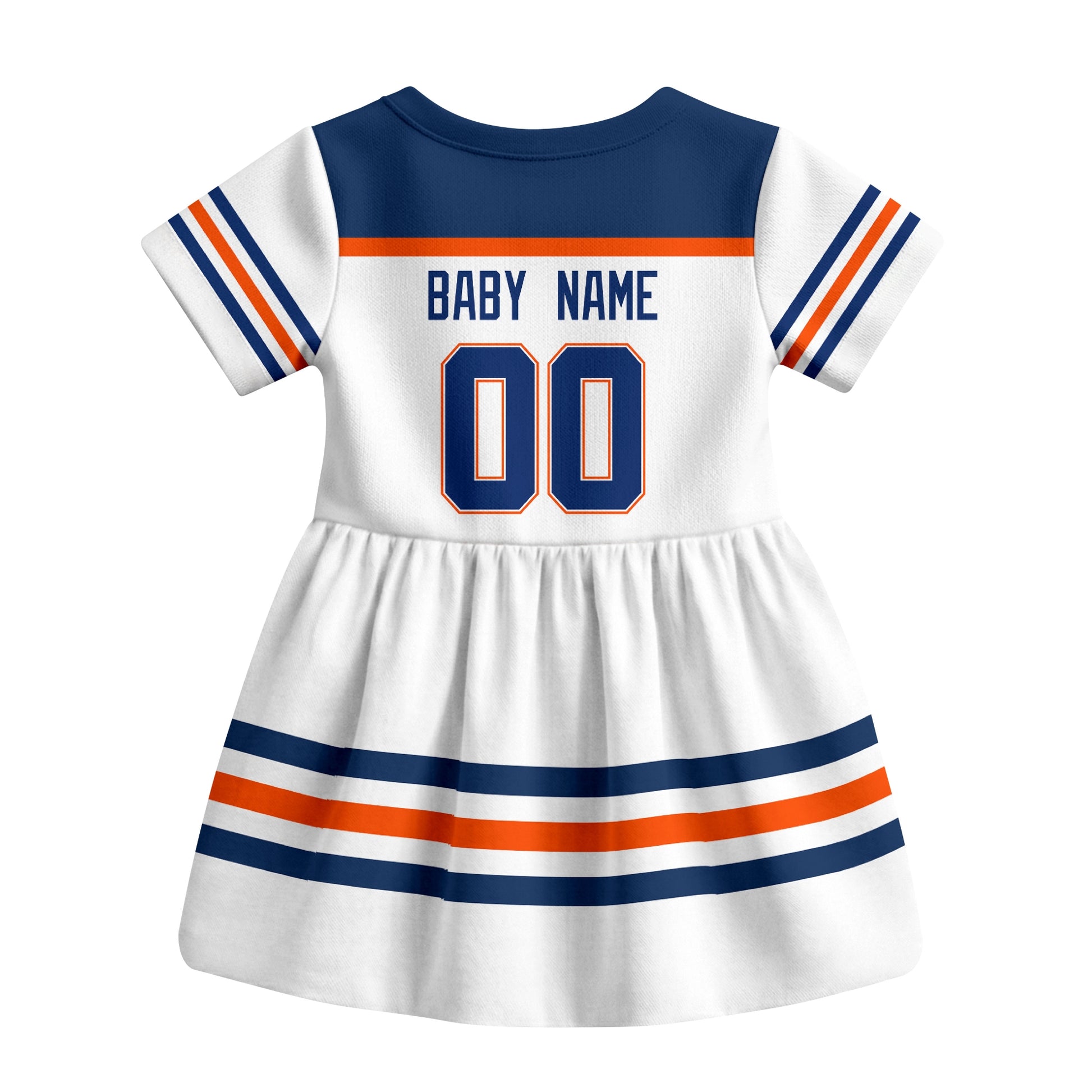 White Edmonton hockey baby bodysuit dress back view with custom baby name and number