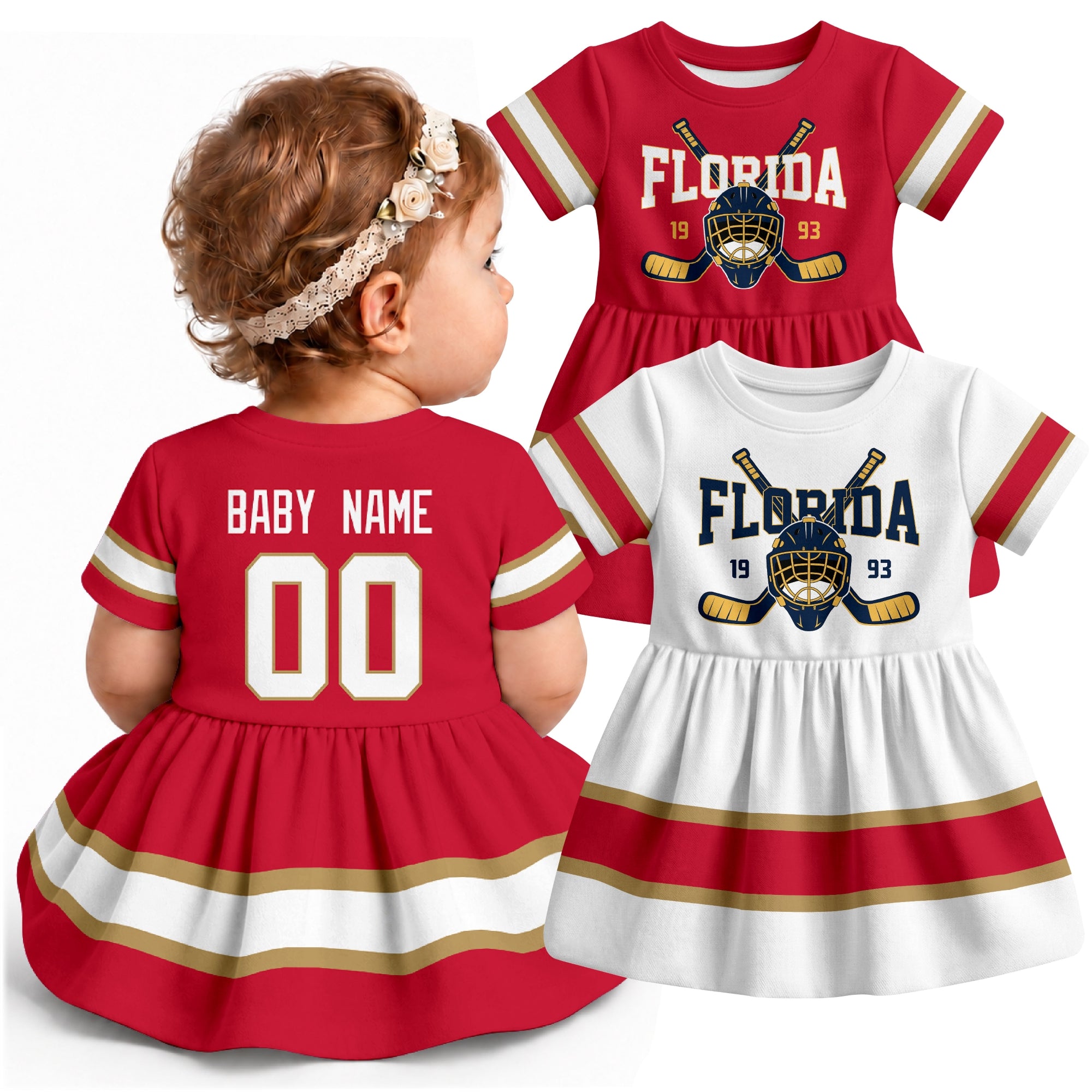 Personalized Florida hockey baby bodysuit dress shown on baby with Red and White city-color styles