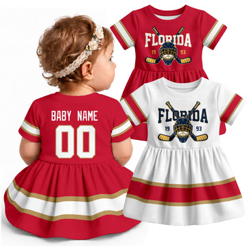 Personalized Florida hockey baby bodysuit dress shown on baby with Red and White city-color styles