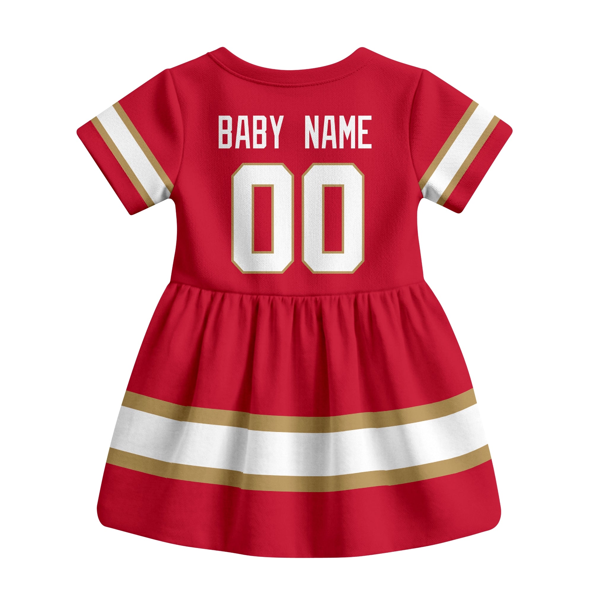 Red Florida hockey baby bodysuit dress back view with custom baby name and number