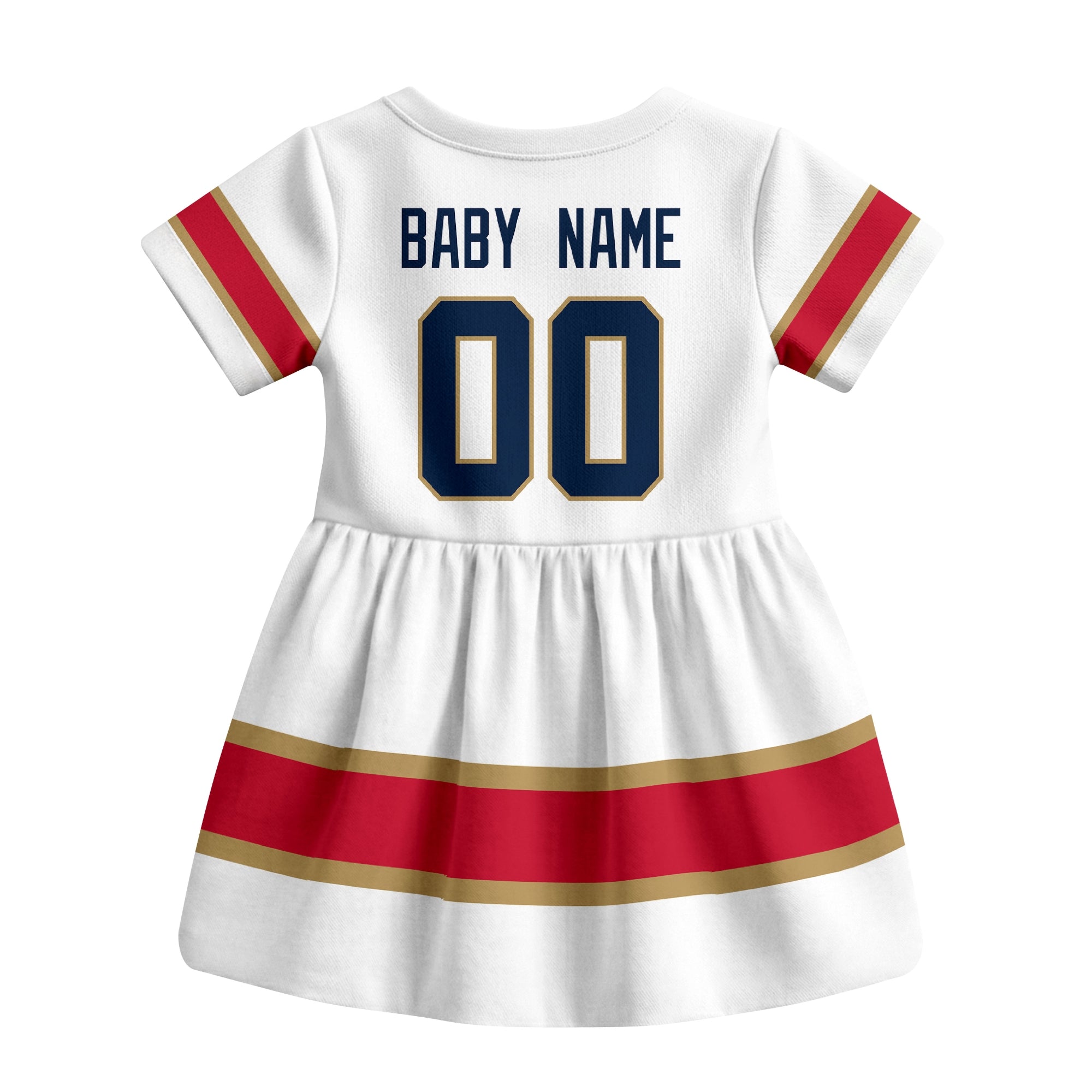 White Florida hockey baby bodysuit dress back view with custom baby name and number