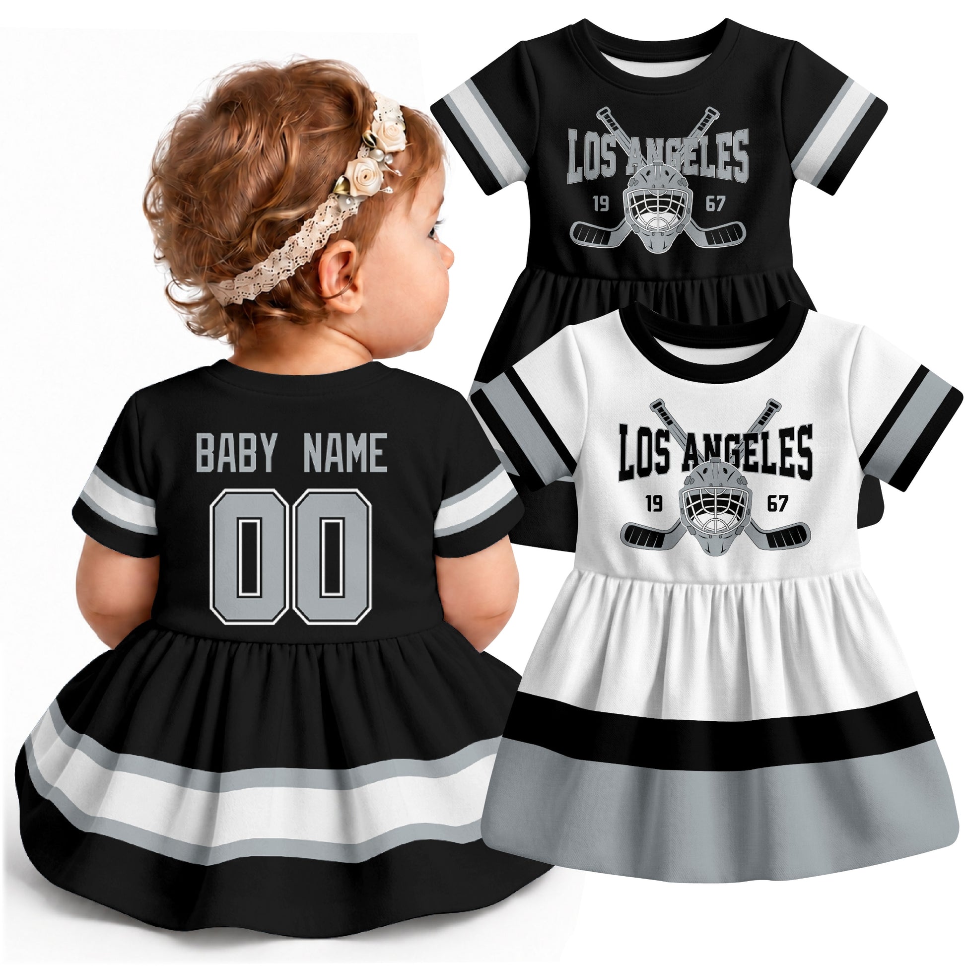Personalized Los Angeles hockey baby bodysuit dress shown on baby with Black and White city-color styles