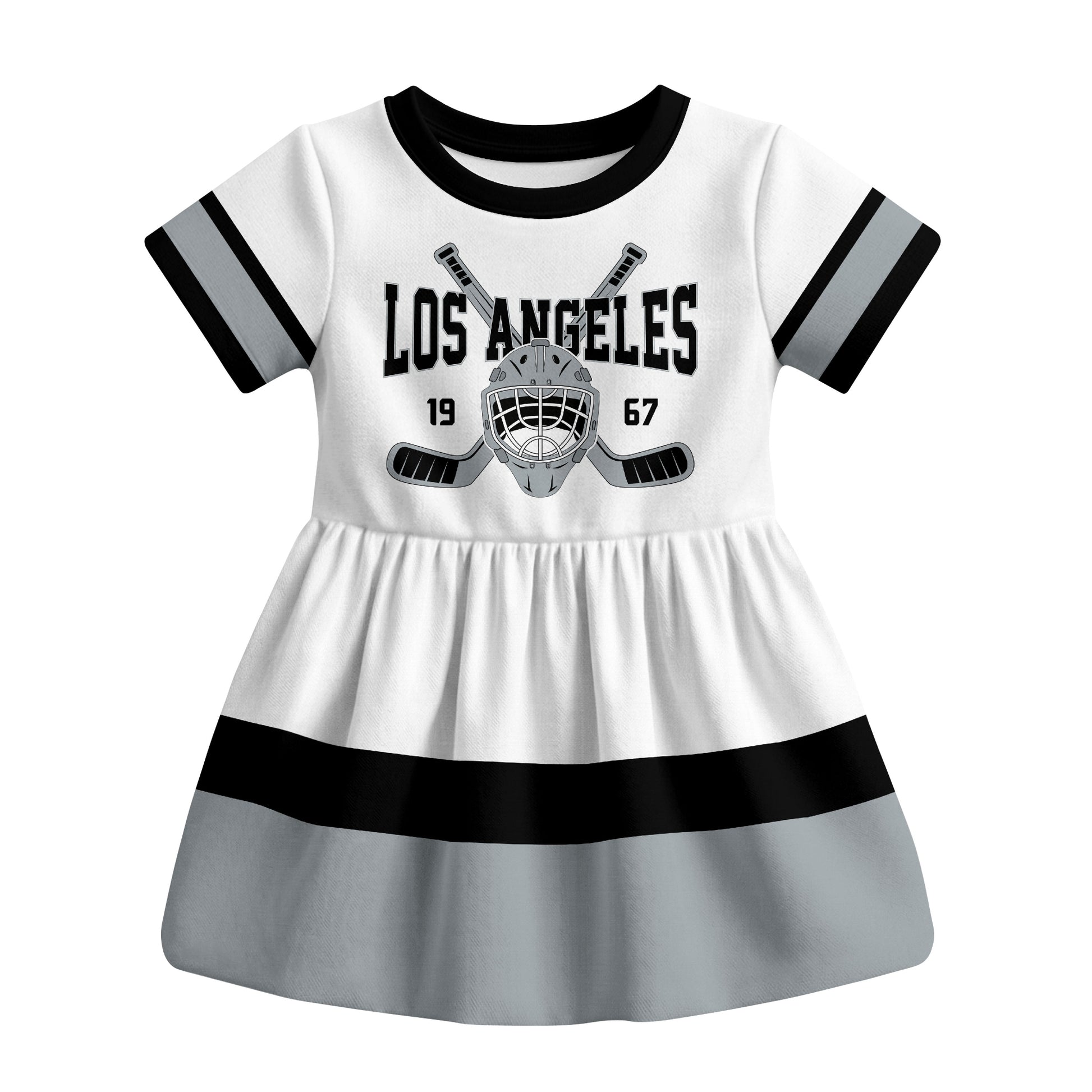 White Los Angeles hockey baby bodysuit dress front view