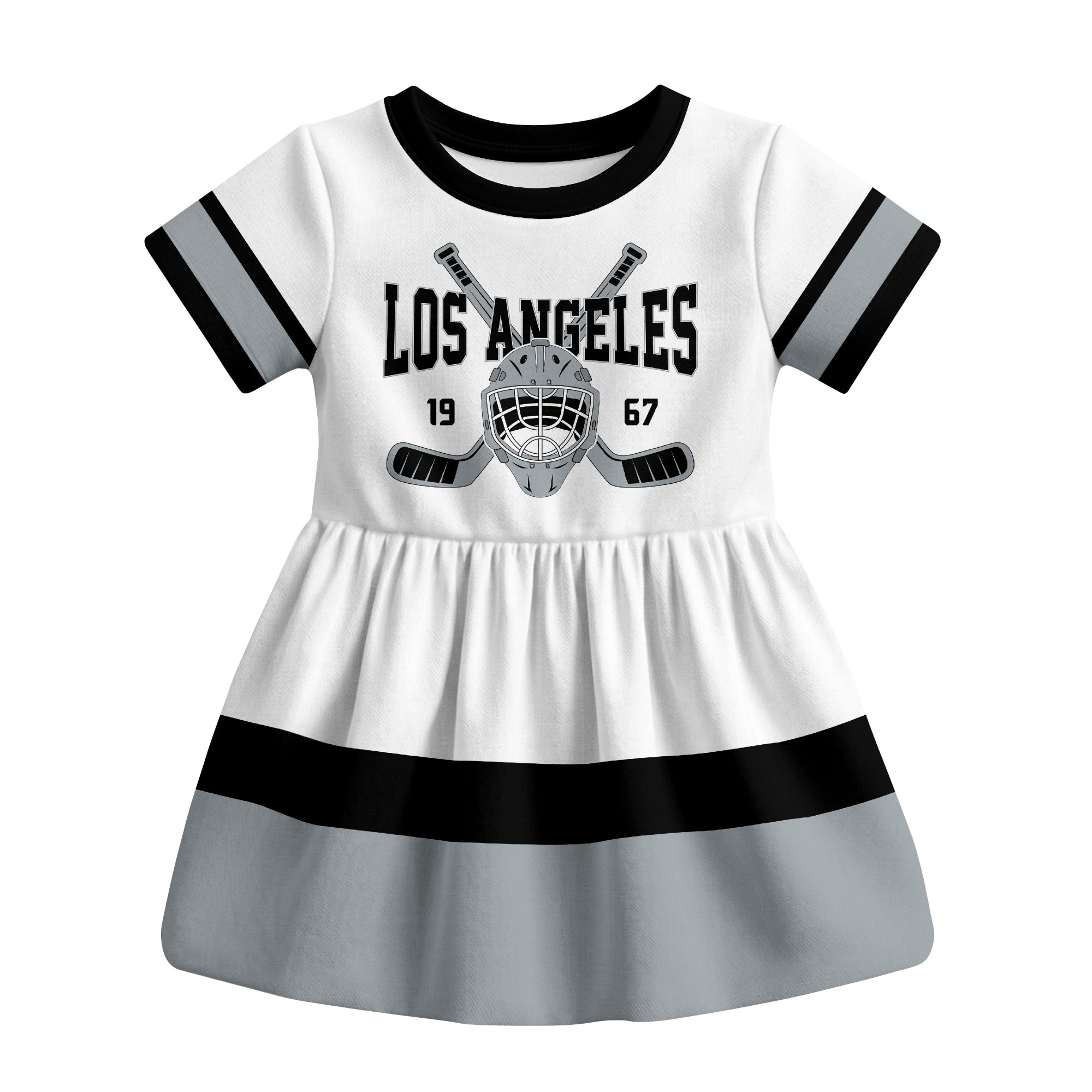 White Los Angeles hockey baby bodysuit dress front view