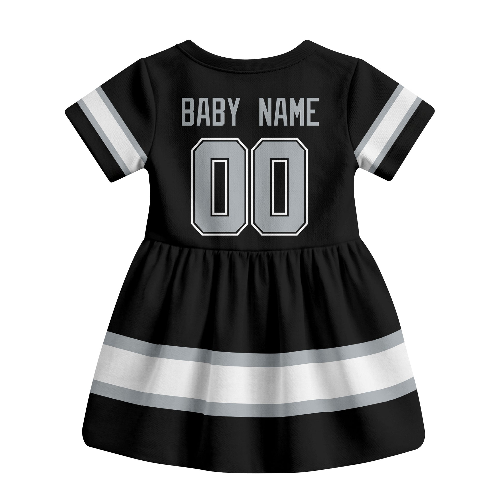 Black Los Angeles hockey baby bodysuit dress back view with custom baby name and number