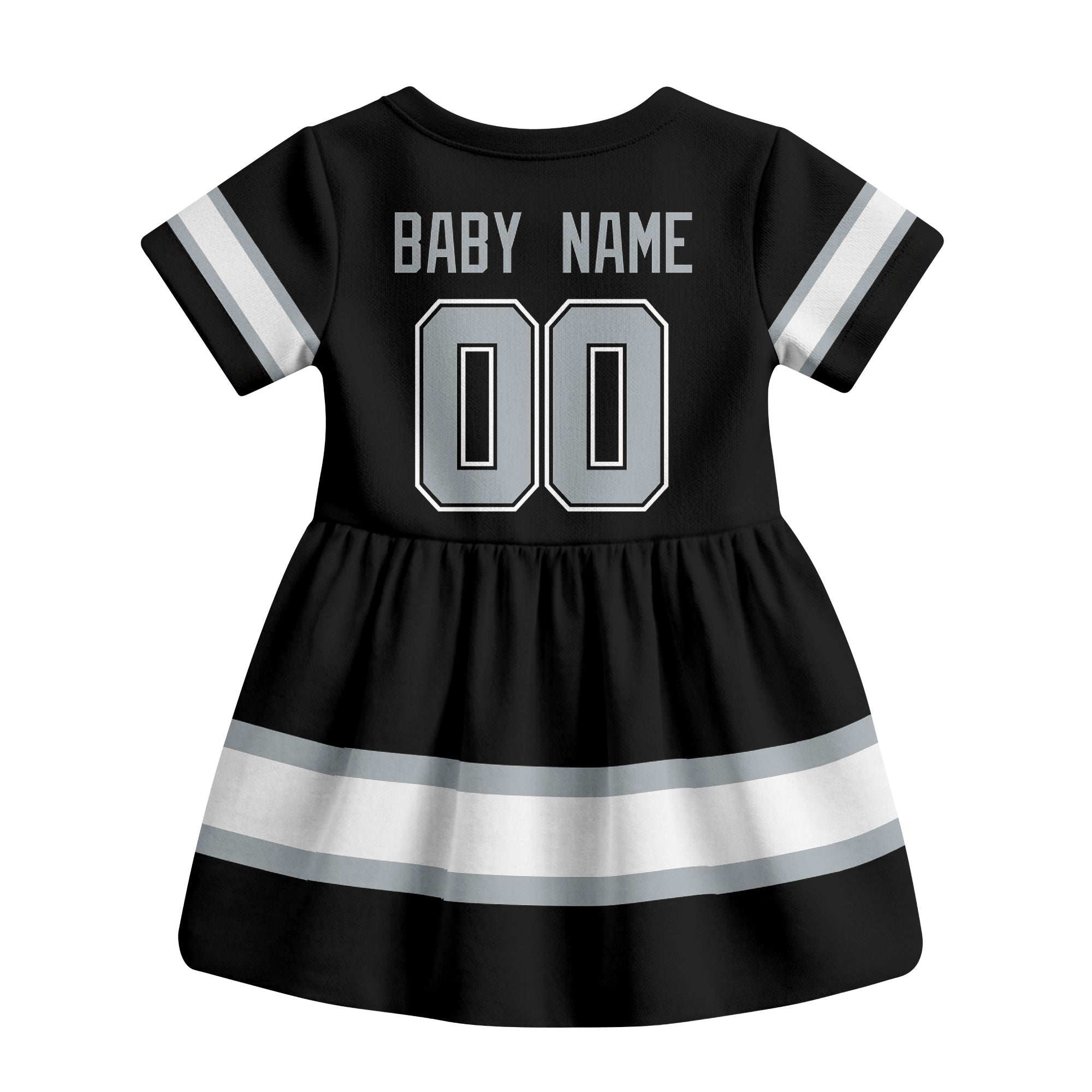 Black Los Angeles hockey baby bodysuit dress back view with custom baby name and number