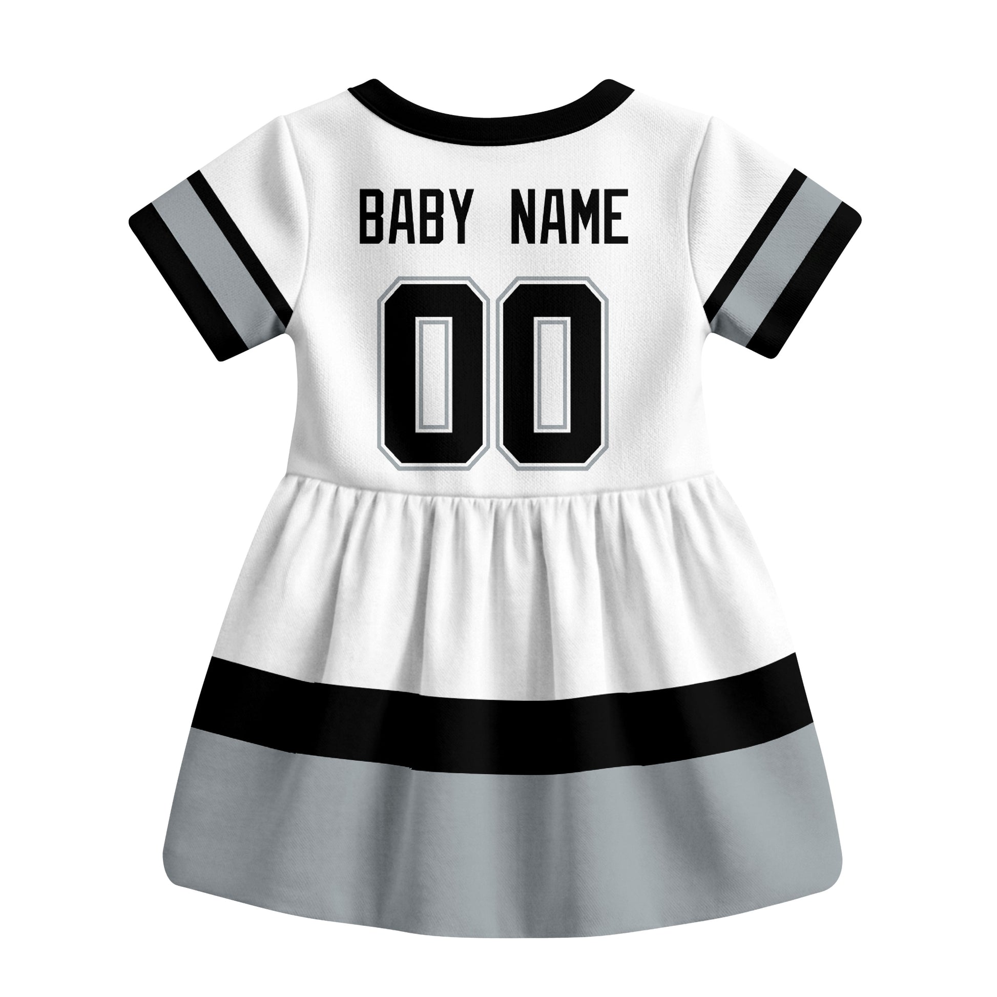 White Los Angeles hockey baby bodysuit dress back view with custom baby name and number