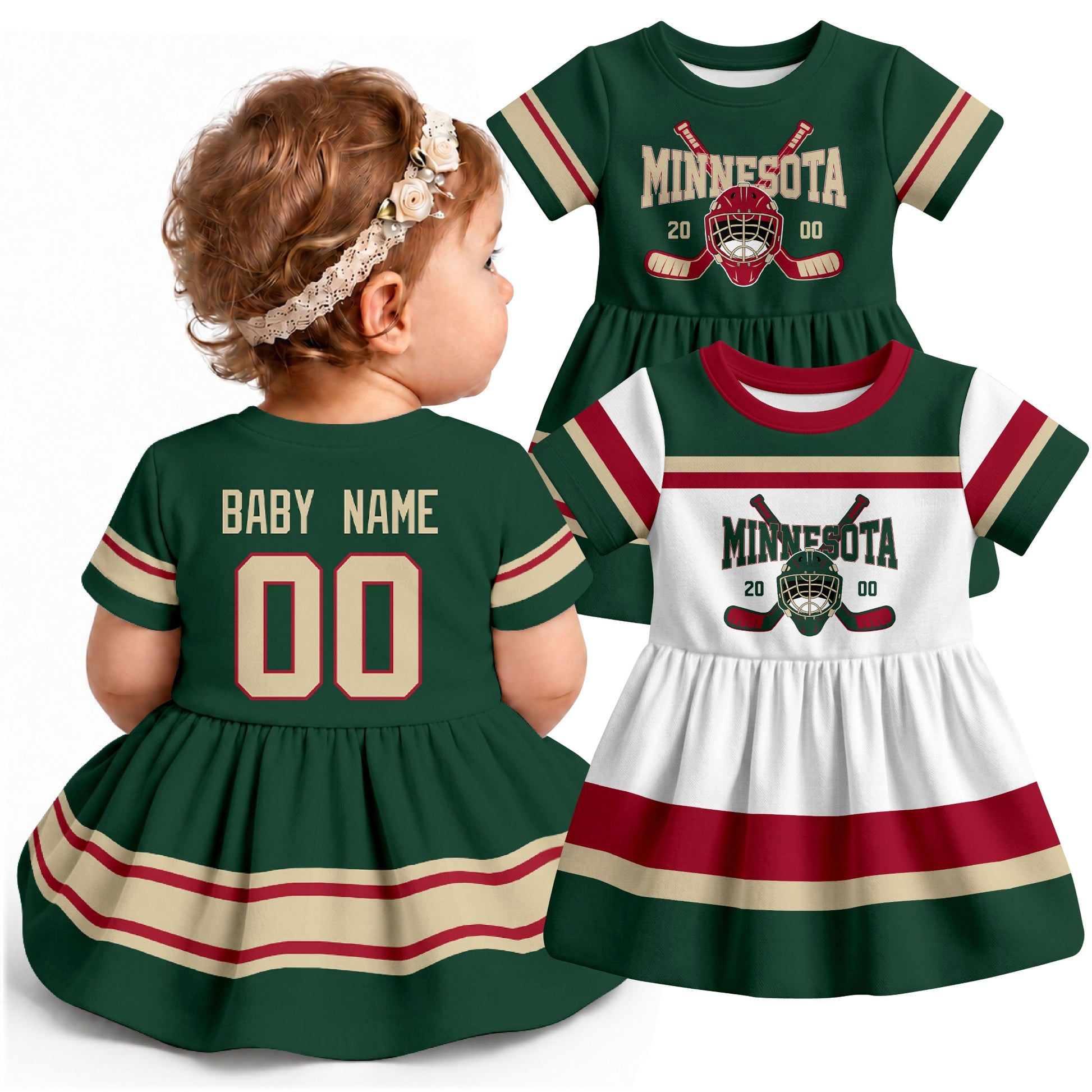 Personalized Minnesota hockey baby bodysuit dress shown on baby with Green and White city-color styles