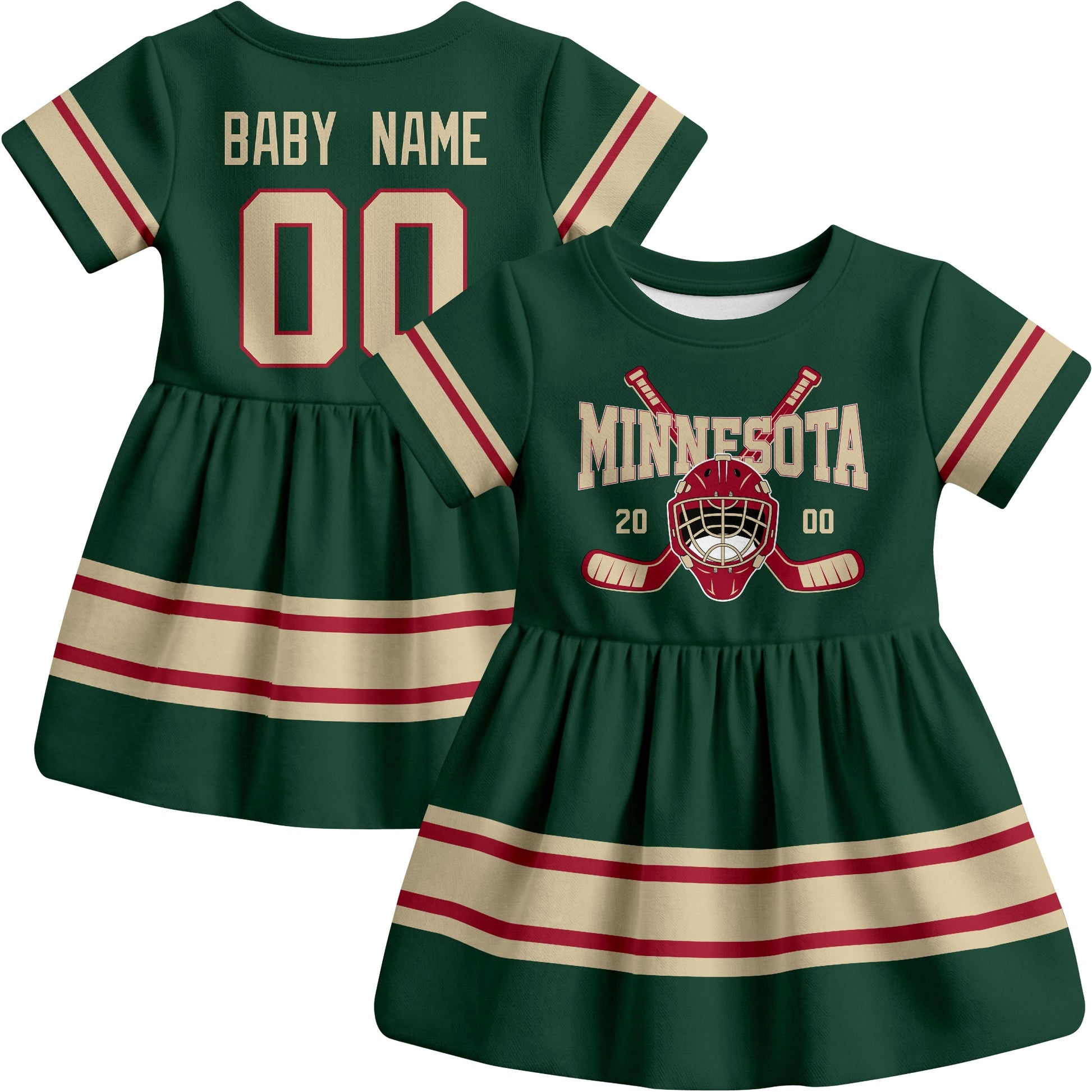 Minnesota hockey baby bodysuit dress Green style front and back view