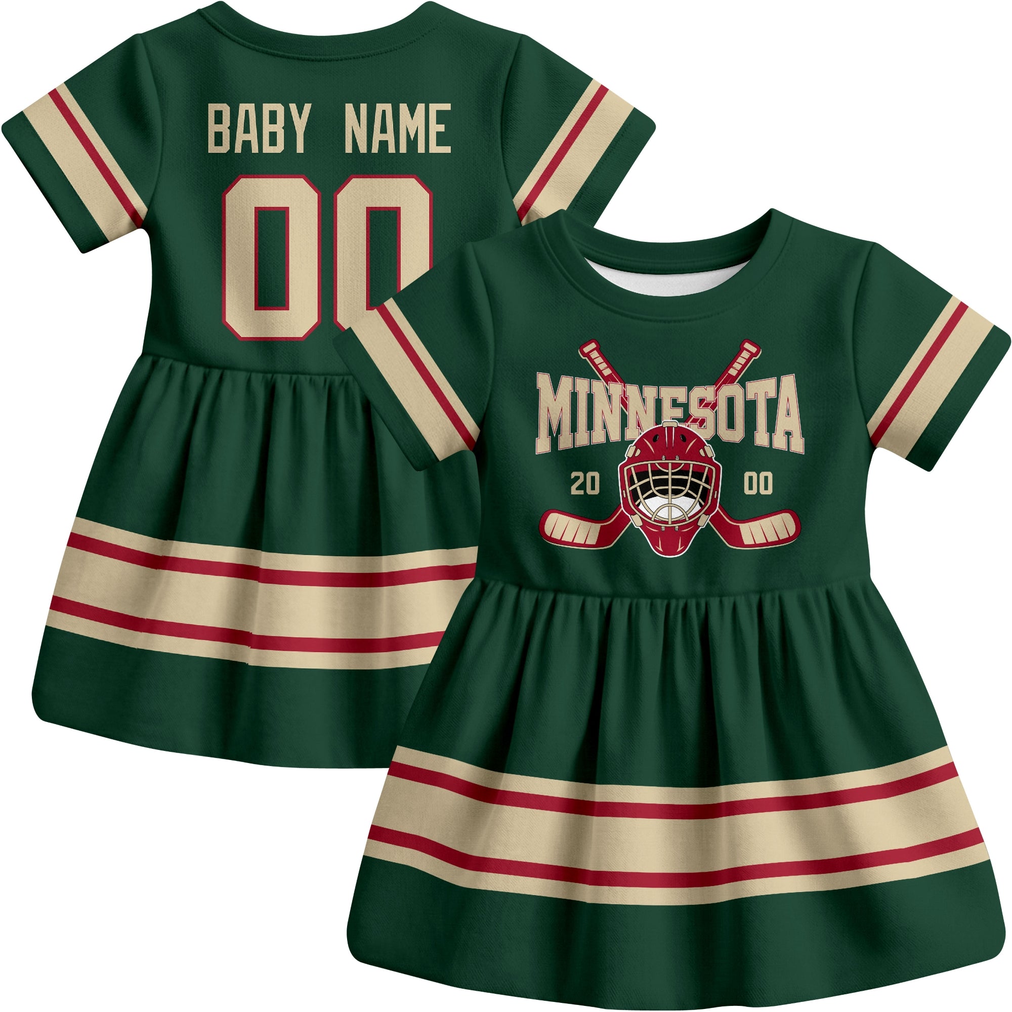 Minnesota hockey baby bodysuit dress Green style front and back view