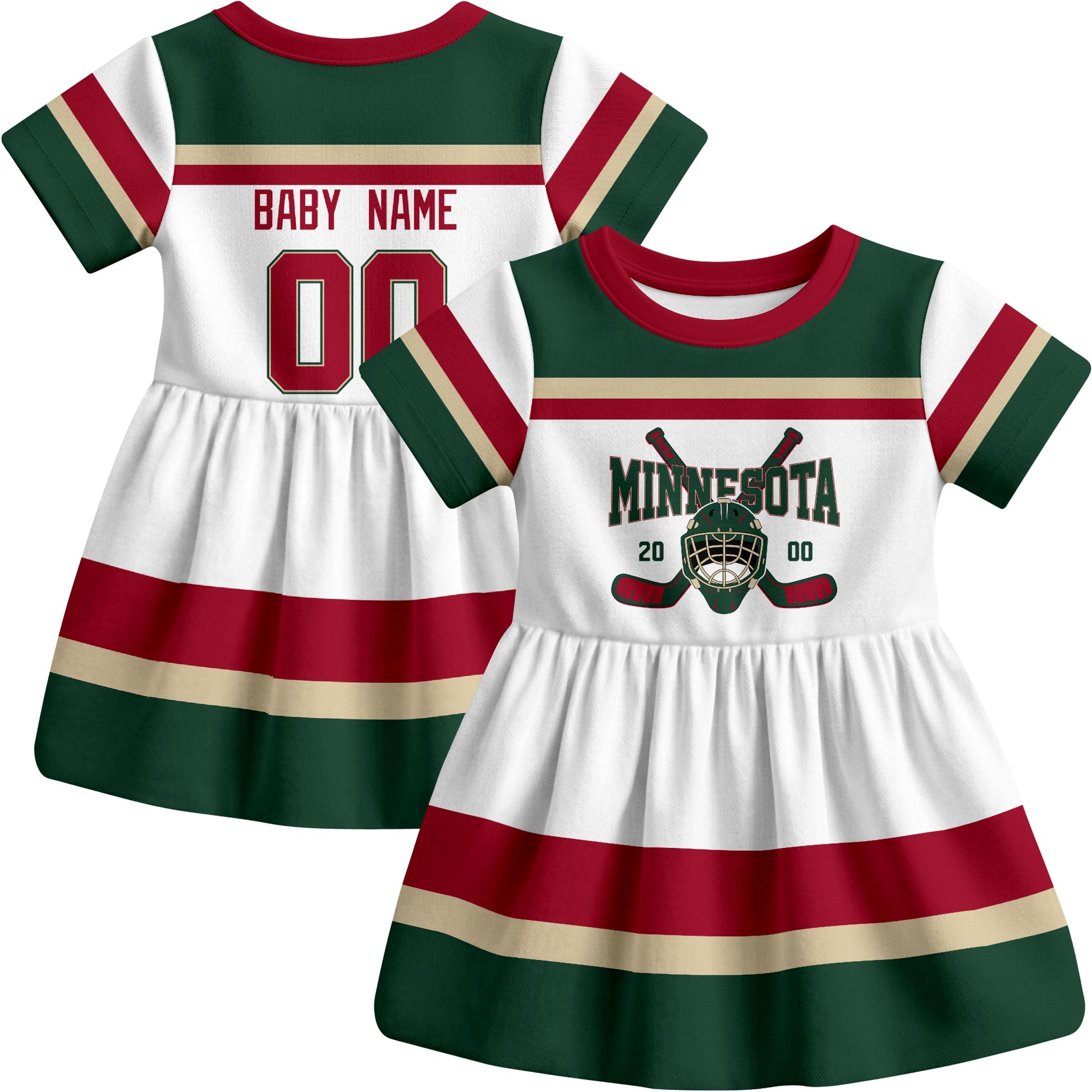 Minnesota hockey baby bodysuit dress White style front and back view