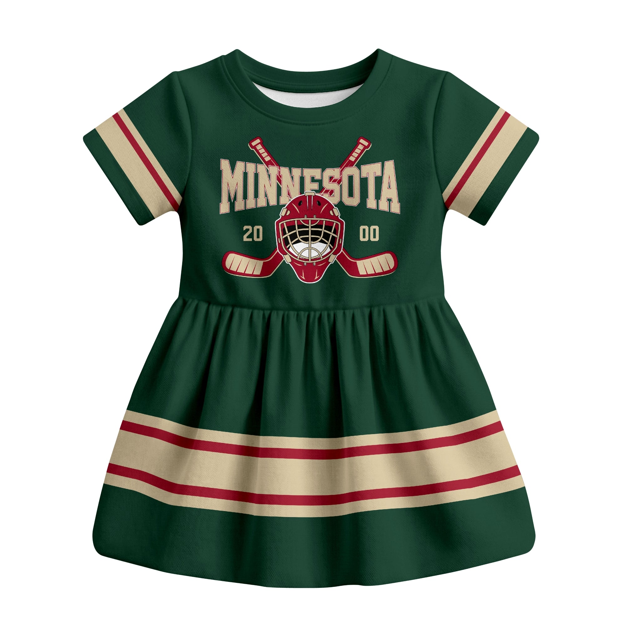 Green Minnesota hockey baby bodysuit dress front view