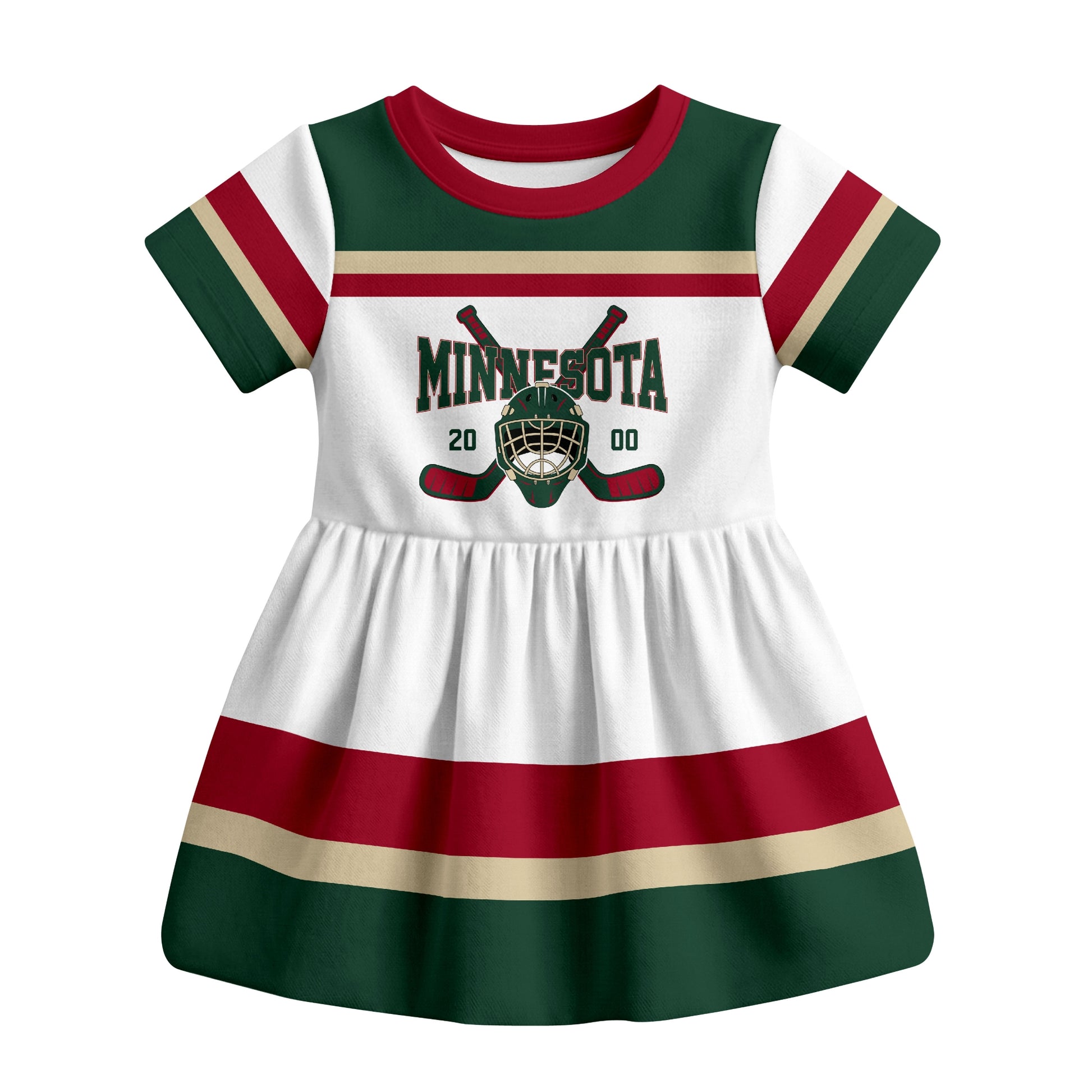 White Minnesota hockey baby bodysuit dress front view