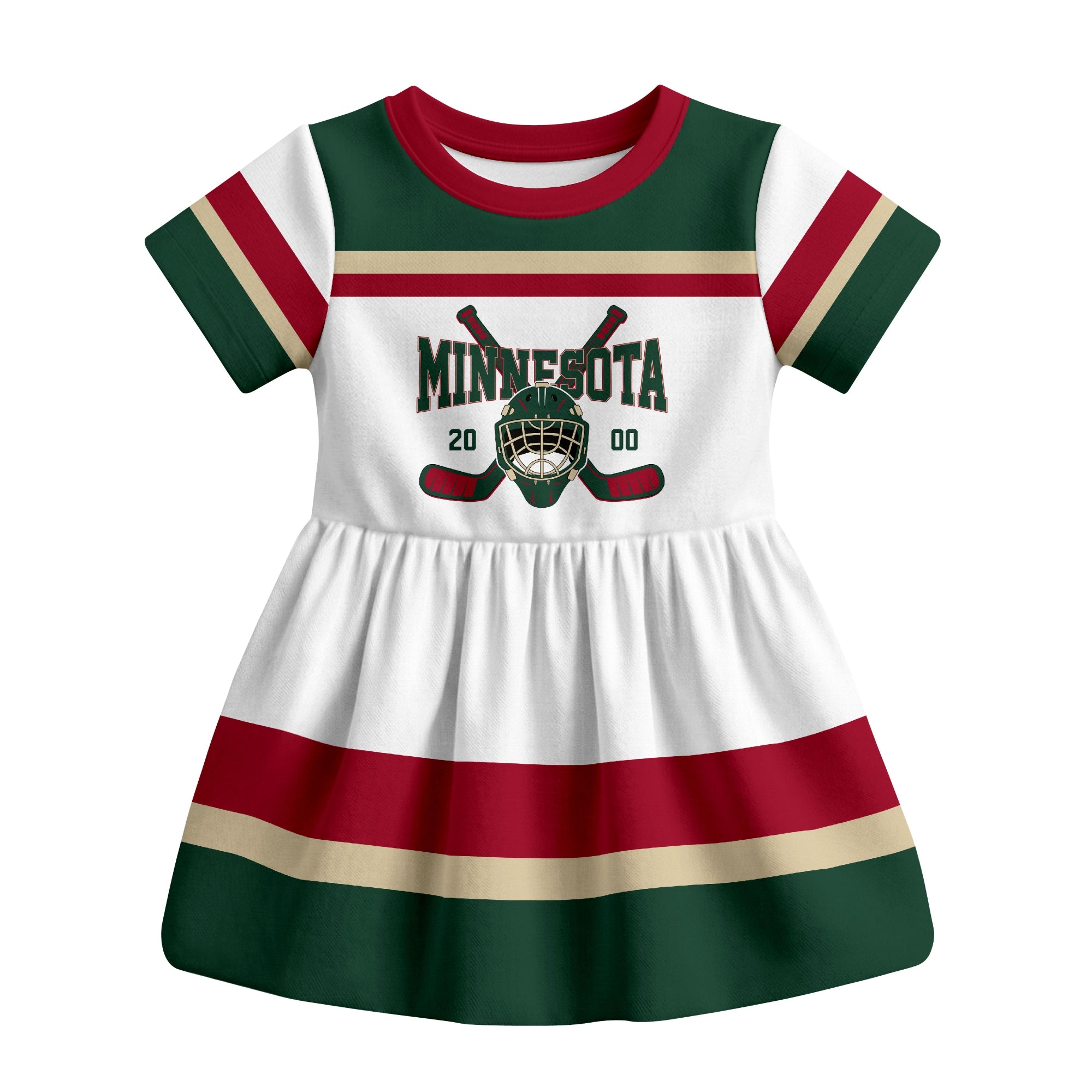 White Minnesota hockey baby bodysuit dress front view