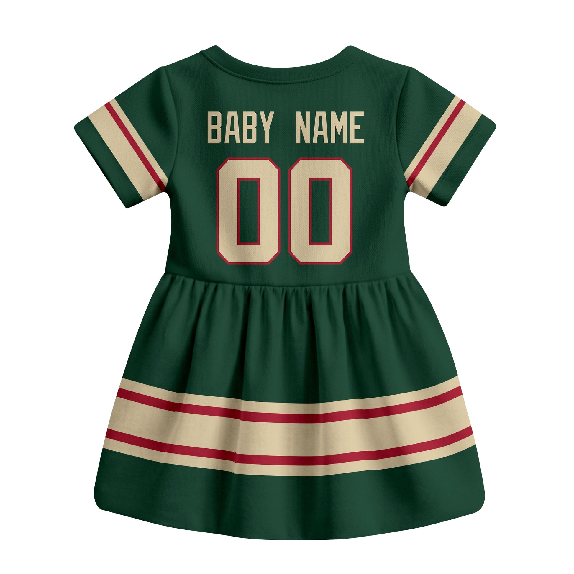Green Minnesota hockey baby bodysuit dress back view with custom baby name and number