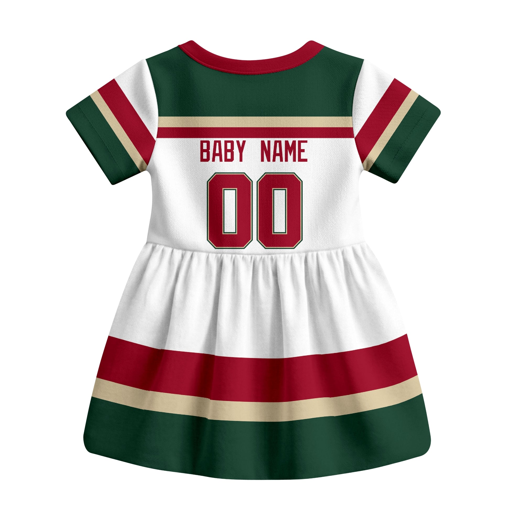 White Minnesota hockey baby bodysuit dress back view with custom baby name and number