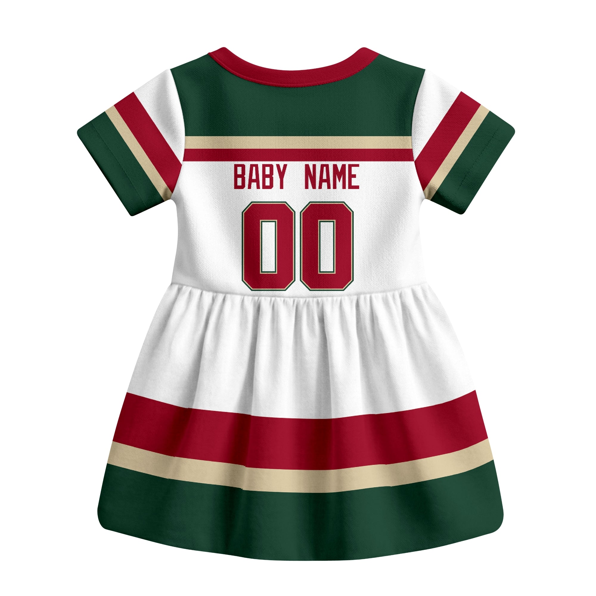 White Minnesota hockey baby bodysuit dress back view with custom baby name and number