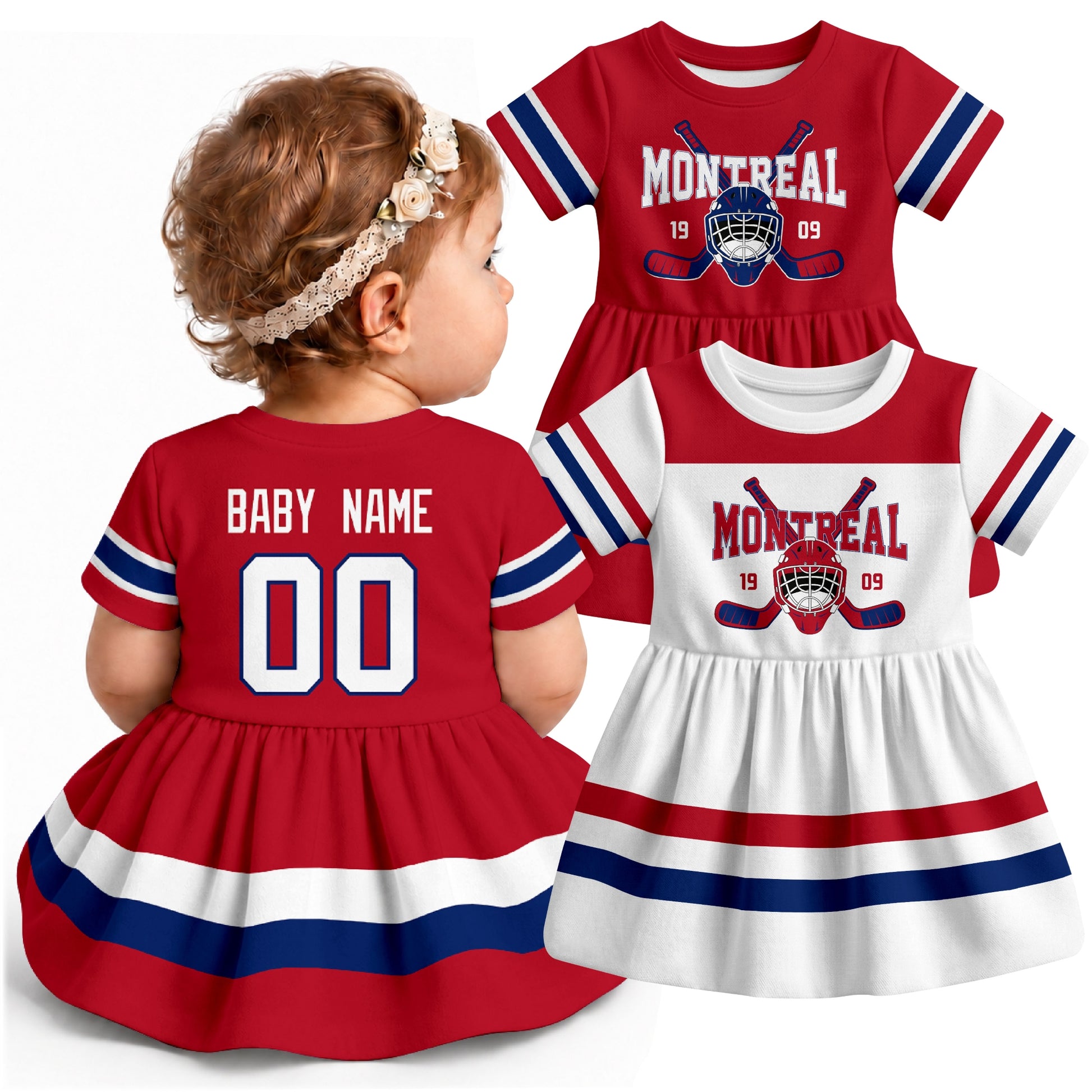 Personalized Montreal hockey baby bodysuit dress shown on baby with Red and White city-color styles