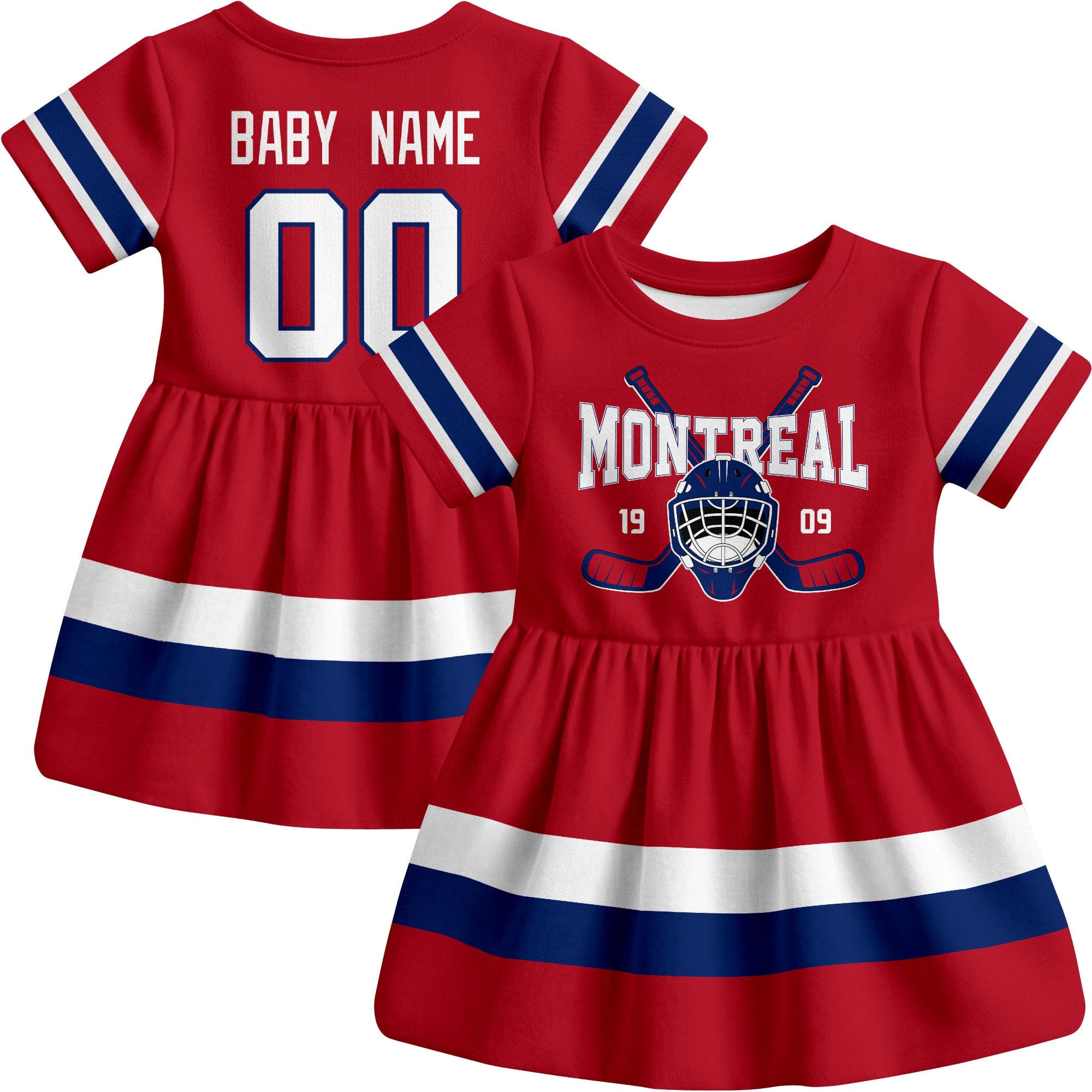 Montreal hockey baby bodysuit dress Red style front and back view
