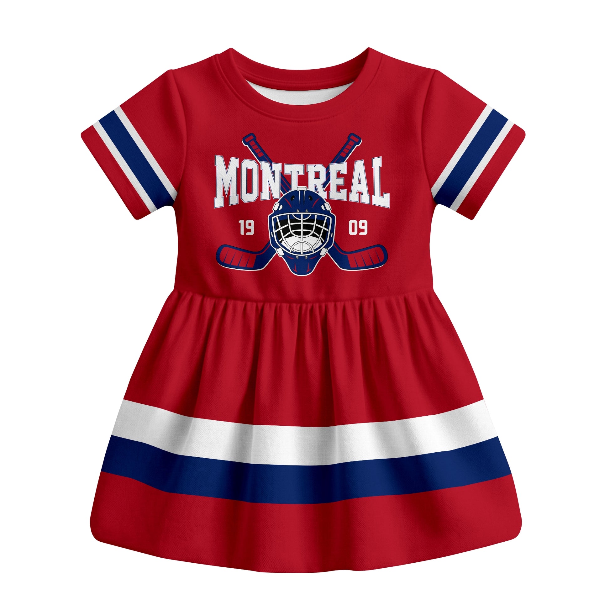 Red Montreal hockey baby bodysuit dress front view
