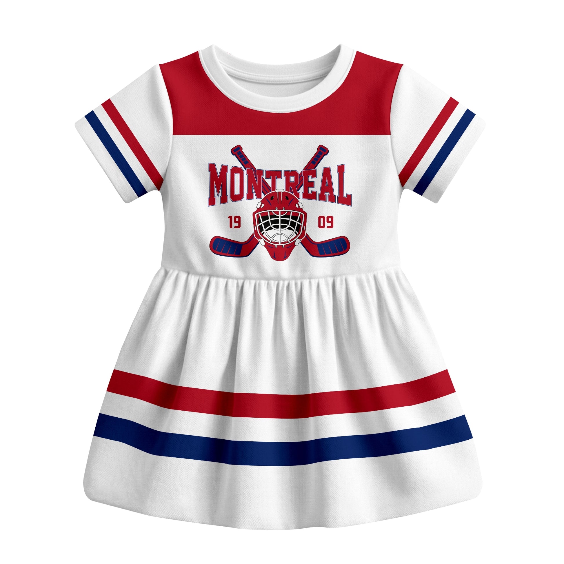 White Montreal hockey baby bodysuit dress front view
