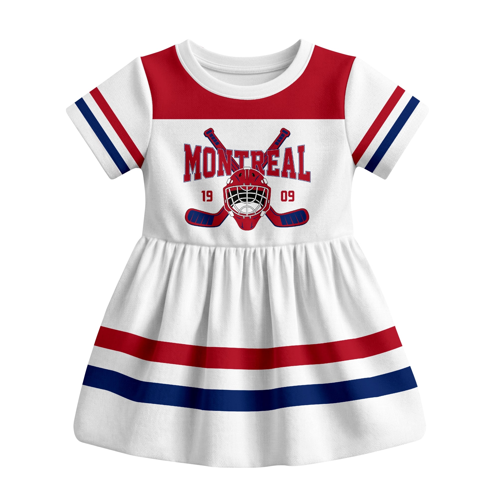 White Montreal hockey baby bodysuit dress front view