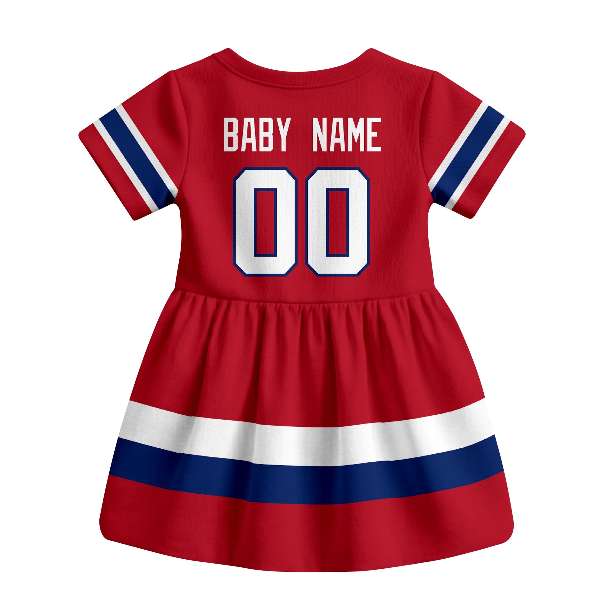 Red Montreal hockey baby bodysuit dress back view with custom baby name and number