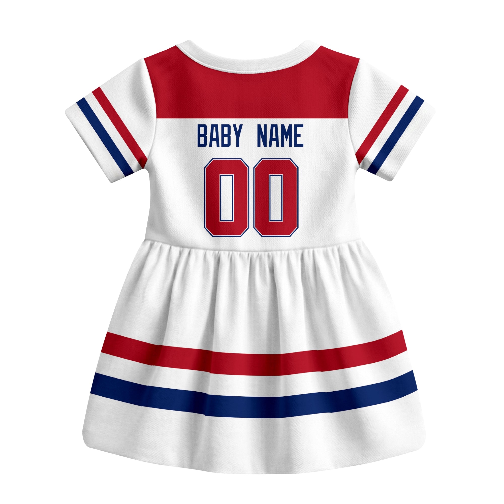 White Montreal hockey baby bodysuit dress back view with custom baby name and number