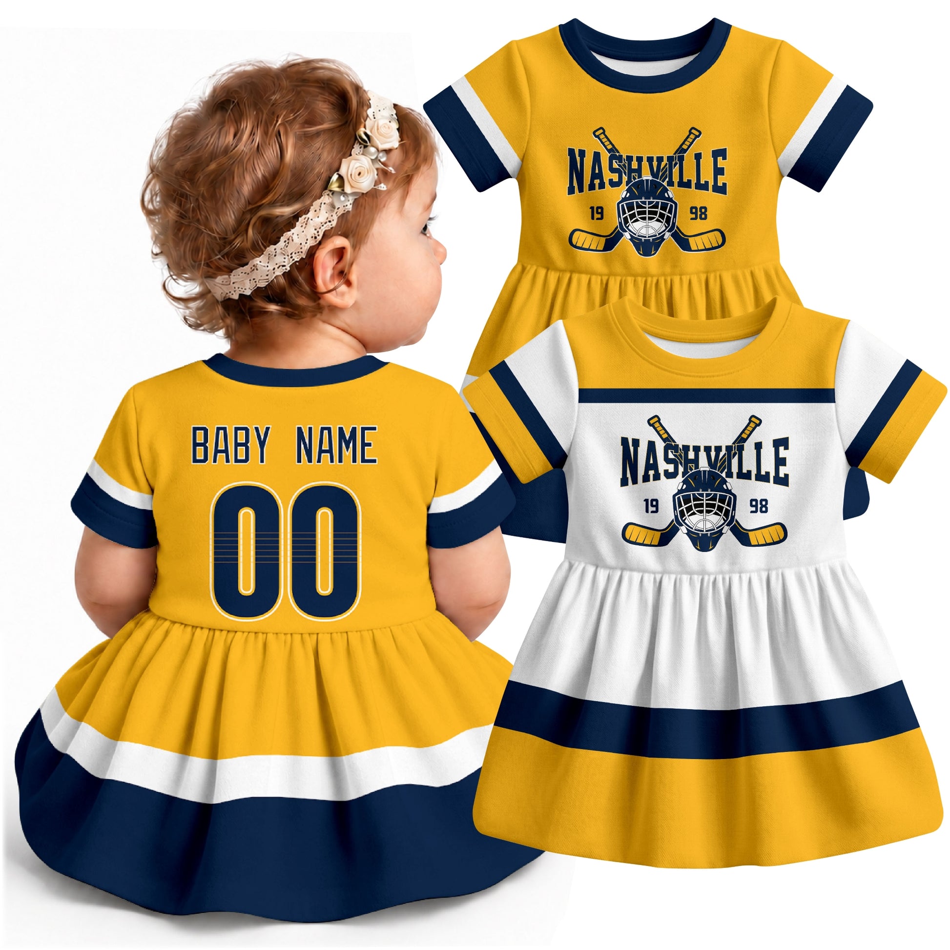 Personalized Nashville hockey baby bodysuit dress shown on baby with Gold and White city-color styles