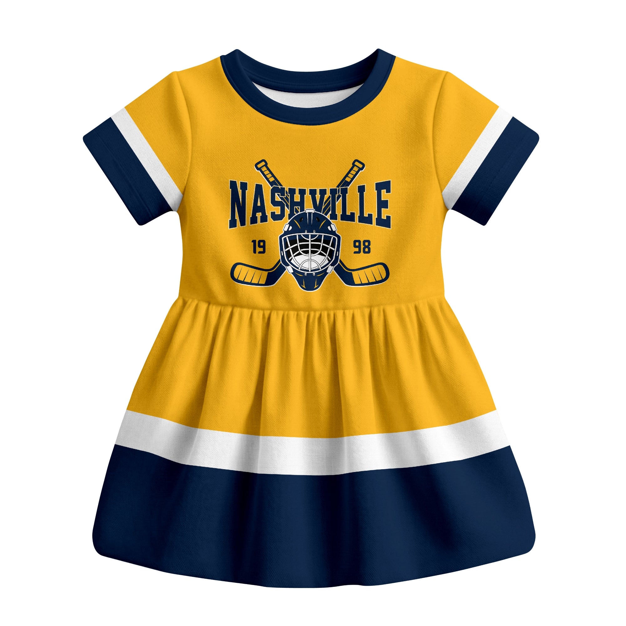 Gold Nashville hockey baby bodysuit dress front view