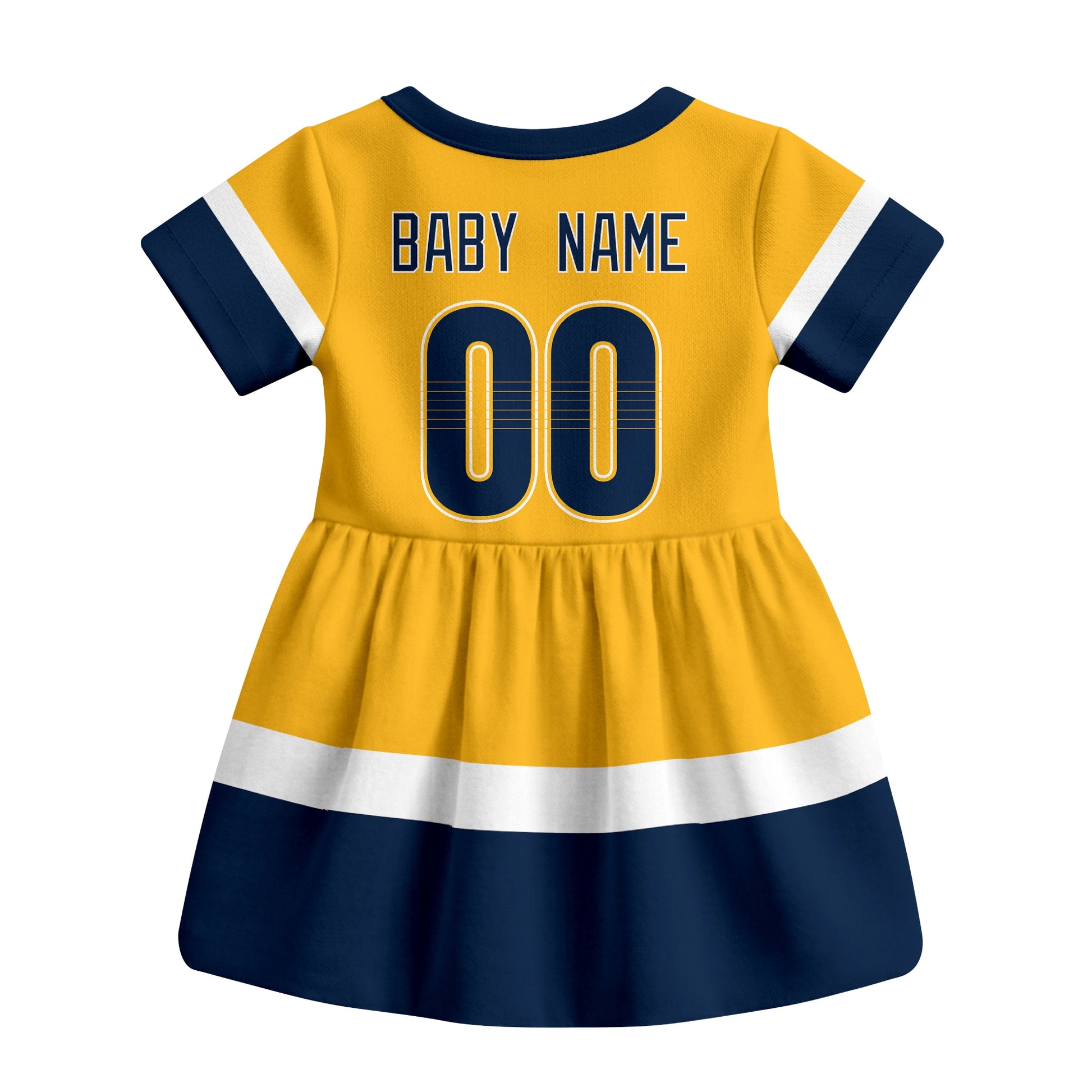 Gold Nashville hockey baby bodysuit dress back view with custom baby name and number