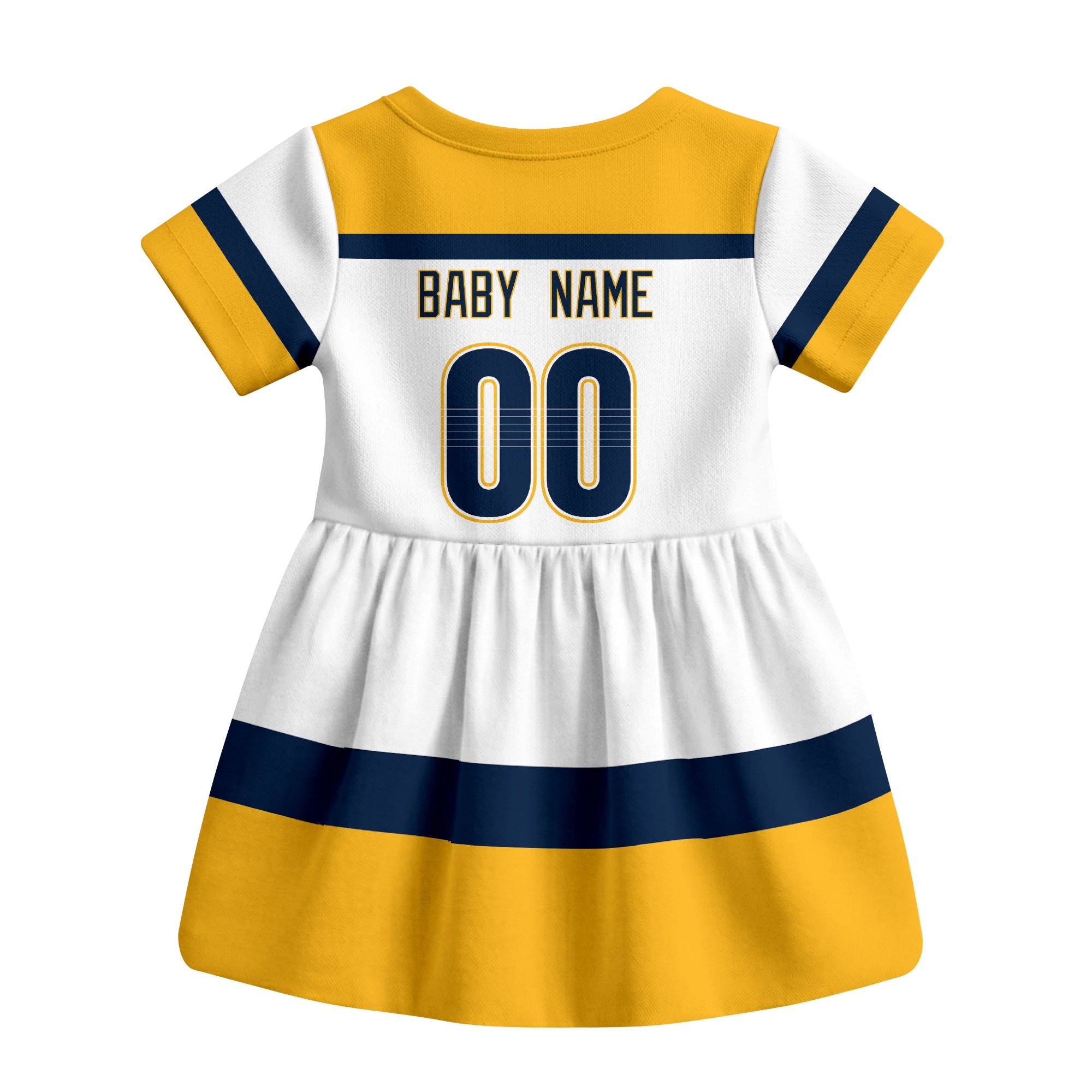 White Nashville hockey baby bodysuit dress back view with custom baby name and number