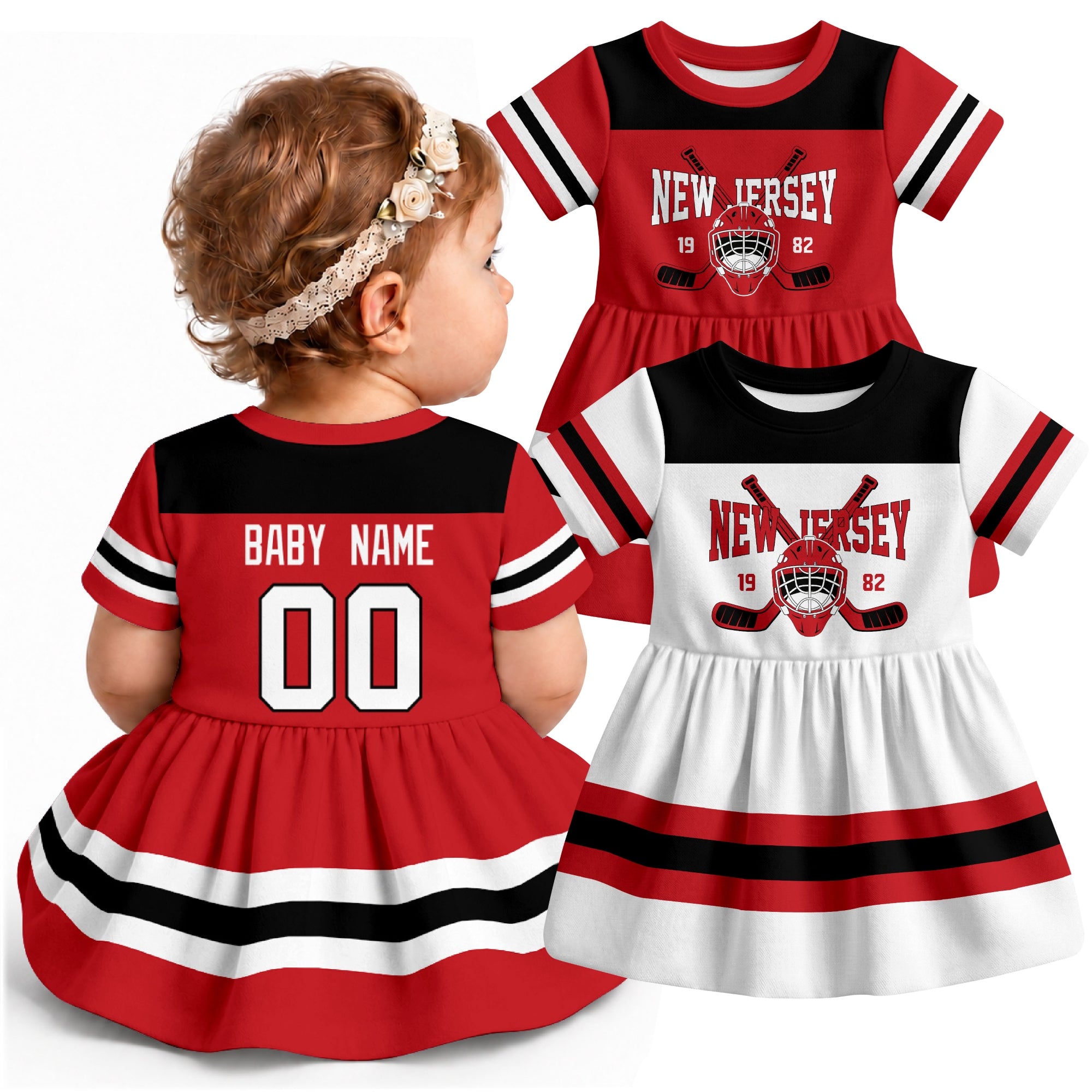 Personalized New Jersey hockey baby bodysuit dress shown on baby with Red and White city-color styles