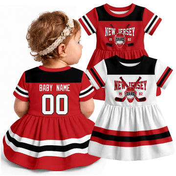 Personalized New Jersey hockey baby bodysuit dress shown on baby with Red and White city-color styles