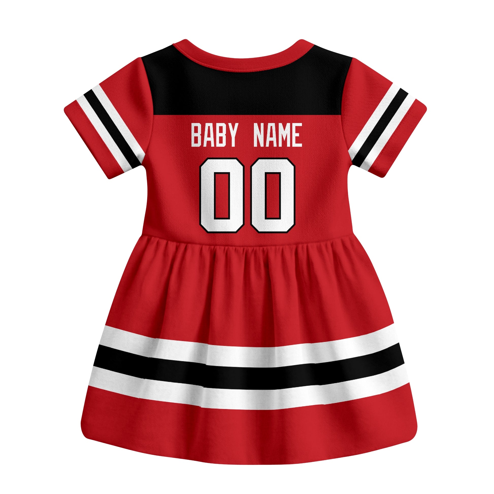 Red New Jersey hockey baby bodysuit dress back view with custom baby name and number
